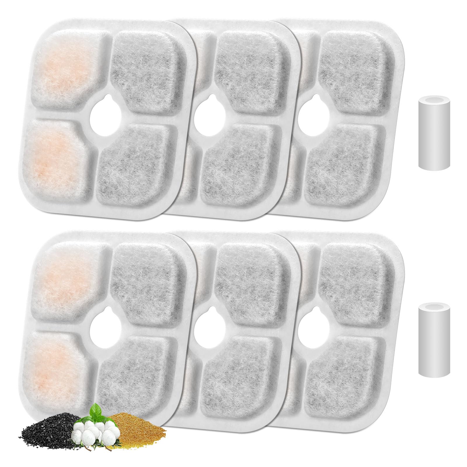6 Piezas Filtros de Fuente de Agua para Gatos para 2.5L Bebedero Gatos, Feriva Filtros de Repuesto para Fuente Agua de Gato, Triple Acción Filtros para Fuentes para Mascotas(2 Tubería de Bombeo)