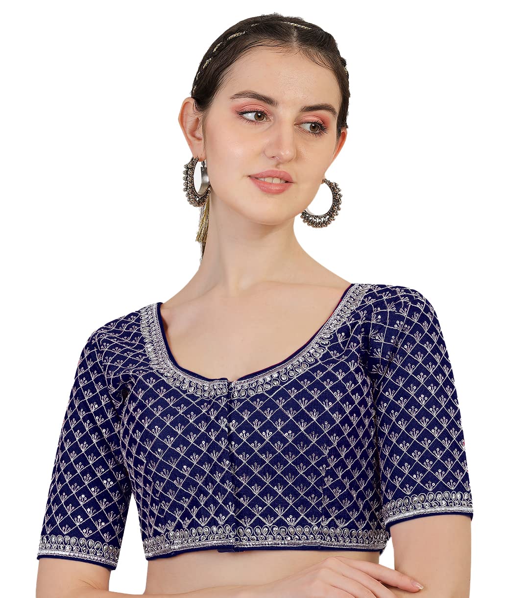 Vihu Fashion Women's Silk Solid Half Sleeve Regular Vf Silver Line Blouse Navy Blue 38