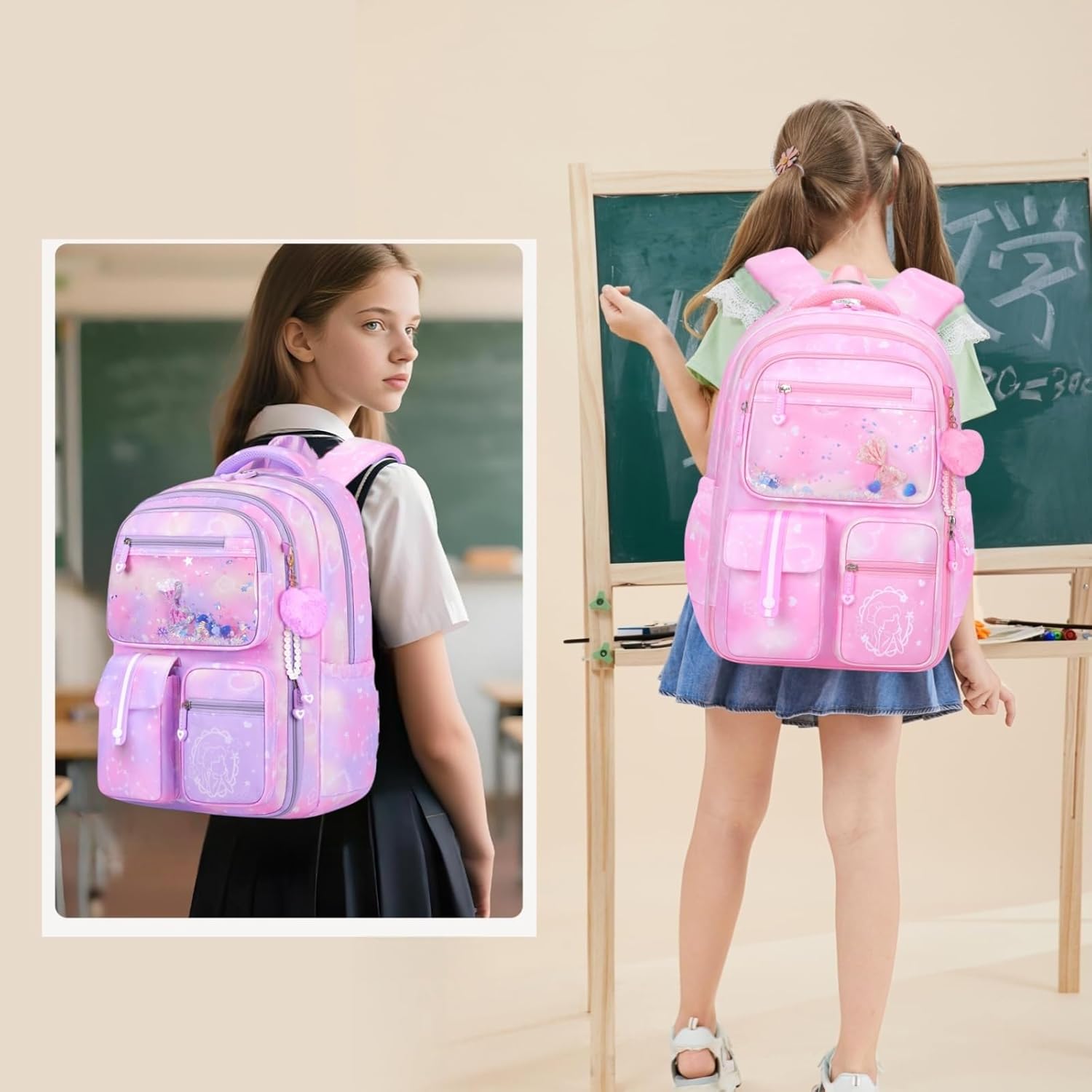 Backpack for Girls Cute Bow Kids Backpack for Elementary School Students Bookbag Middle School Bags for Girls Travel Back Pack, Dreamy Pink