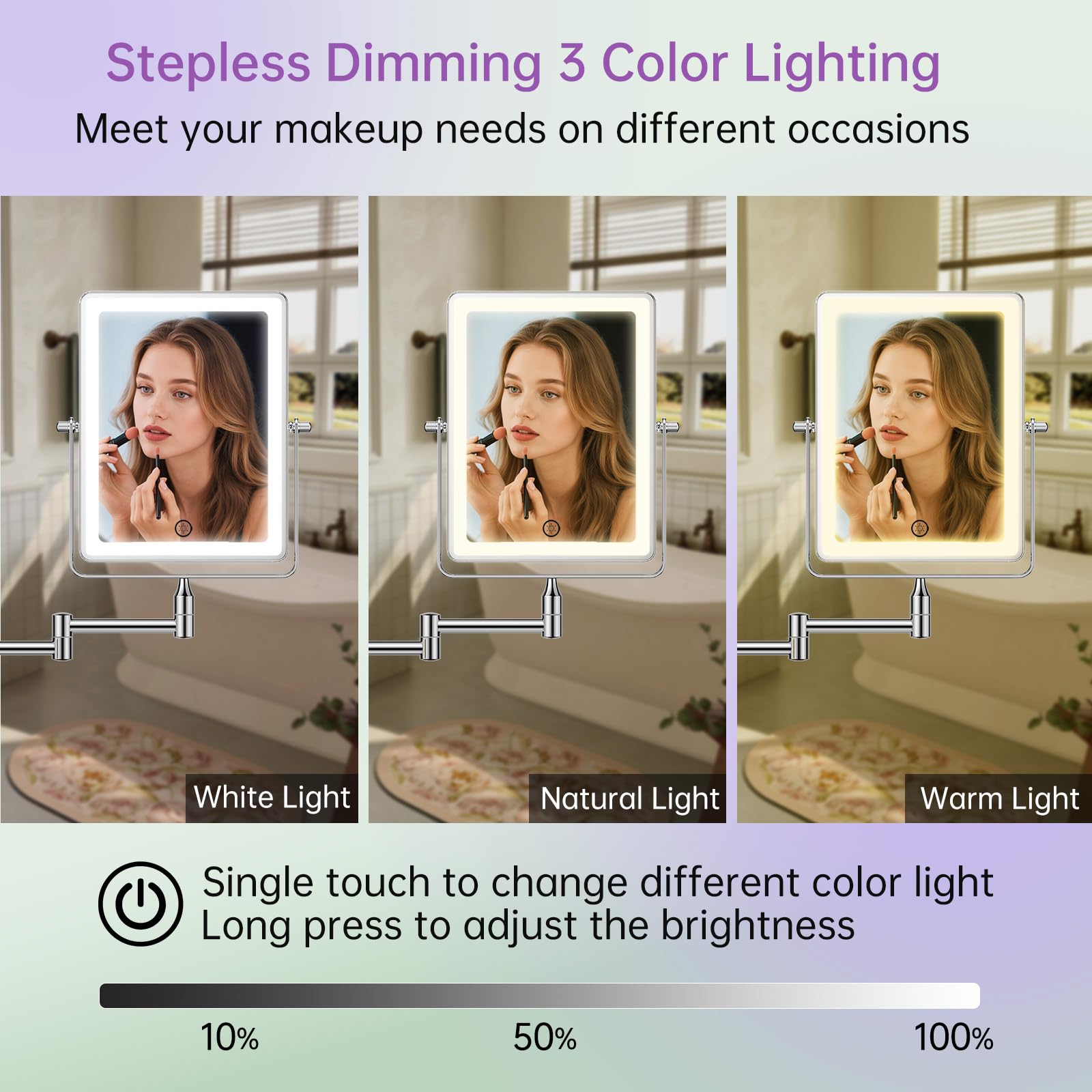 FASCINATE Wiederaufladbarer Kosmetikspiegel mit 1X/10X Vergrößerung | 3 dimmbare Lichtfarben, Touchscreen, 360° dreh für Wandmontage Rasierspiegel, Schminkspiegel für Badezimmer (Siber)