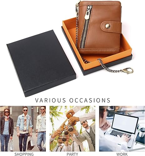 Miniatura 6 de Cartera de cuero para hombre con cadena antirrobo, cartera plegable de cuero genuino RFID, multifuncional, con cremallera, bolsillo para monedas con