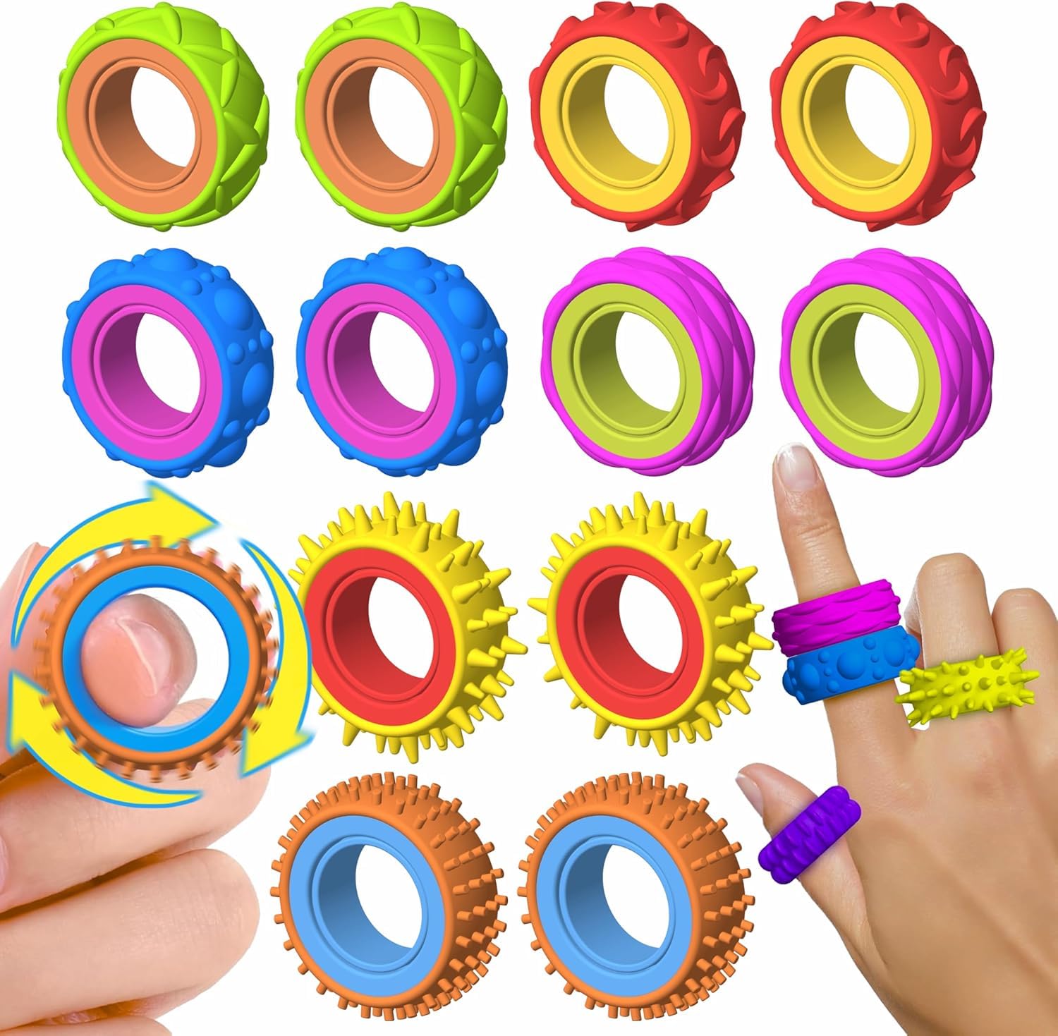 JOYVOVO 12 Sensory Fidget Rings for Kids & Adults, Spiky Silent Spinner Rings for Anxiety, ADHD, Autism Stress Relief - Dual-Color Silicone Finger Toys for Classroom Rewards, Party Bag Fillers & Gifts