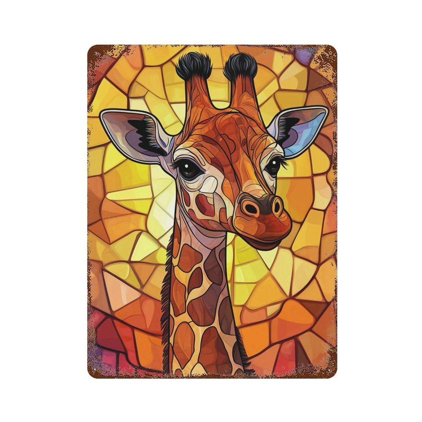 Garage Style Giraffe Stained Glass Artwork Distressed Metal Wall Sign 15.7"x11.8", Novelty Wall Decor for Bar And Workshop