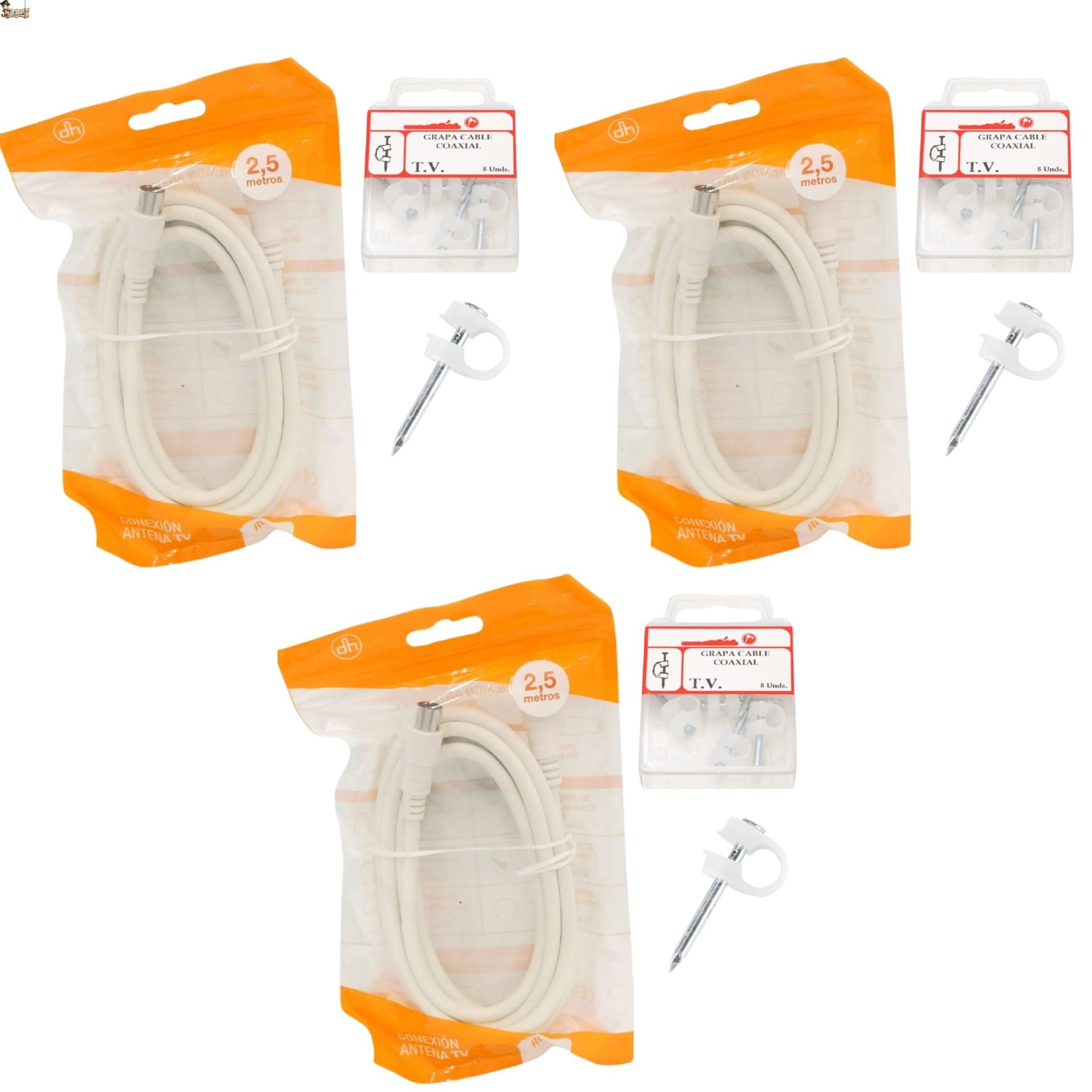 BricoLoco.com Cavo antenna TV connettore con graffette. Bianco 2,50 m. + 8 graffette. RG-59 75 Ohm coassiale in rame con graffetta chiusa a televe. Spina di ingresso maschio e uscita femmina (3 Packs)