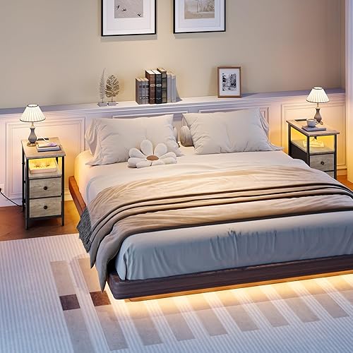 Miniatura 5 de HOOBRO Juego de 2 mesas auxiliares estrechas con luz LED y puerto USB C, mesita de noche con estación de carga, mesa auxiliar delgada con 2 cajones