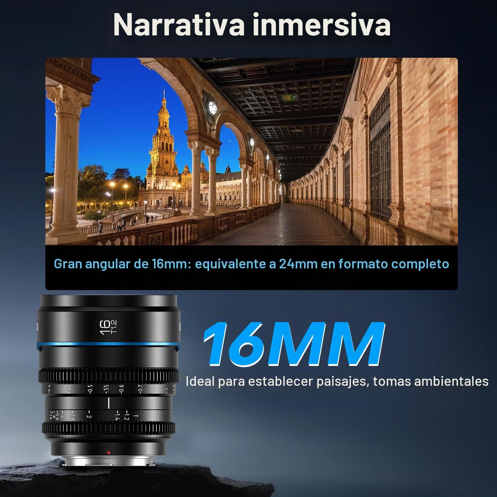 SIRUI Night Walker 16mm Lente de Cine S35/APSC con Enfoque Manual, T1.2 Large Aperture S35 Frame Wide Angle Prime Lens para E Cameras, FX30, ZV-E10, A6400, A6700 (MS16E-B, Negro)