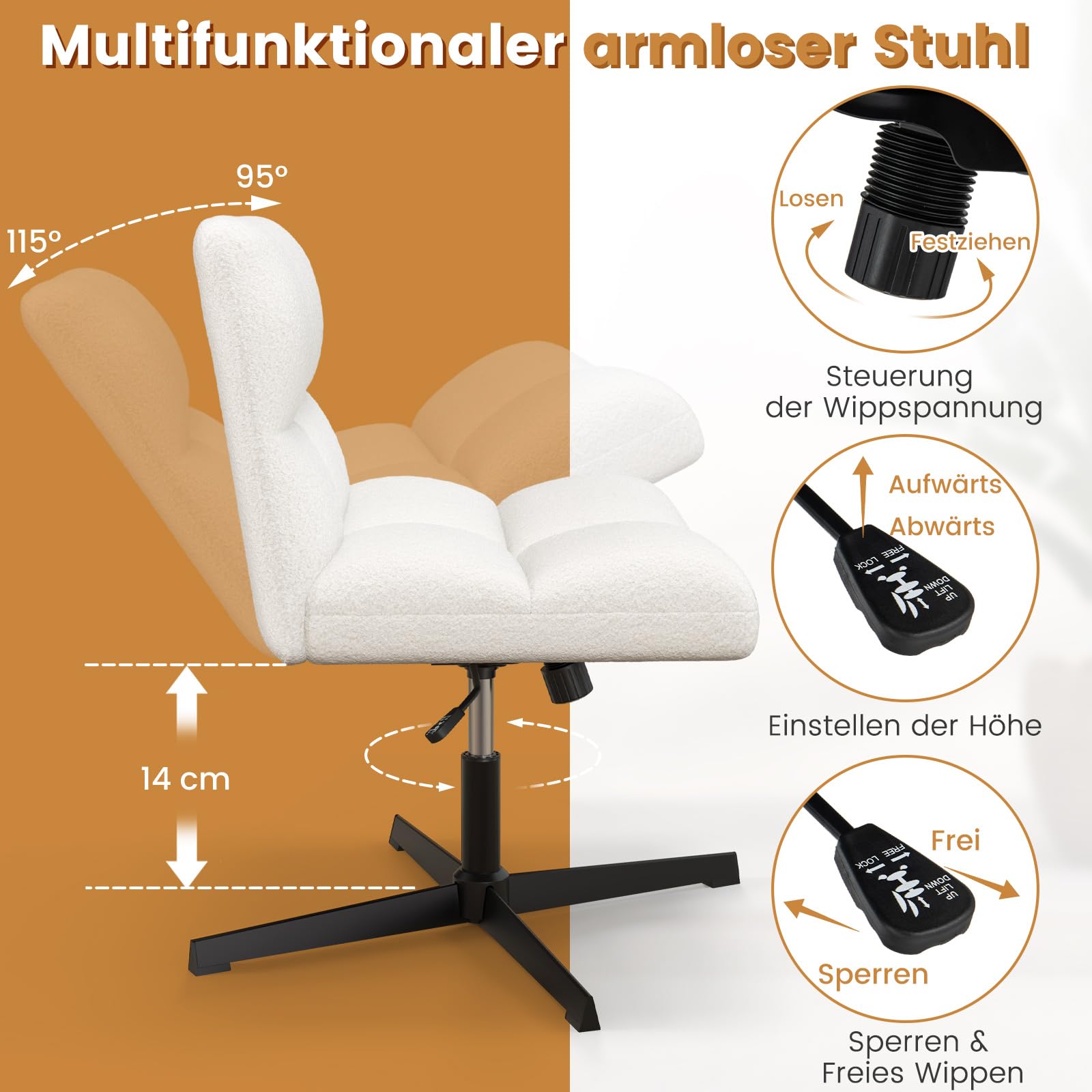 COSTWAY Schneidersitz Stuhl, Drehstuhl ohne Armlehnen, Schreibtischstuhl mit breiter Sitzfläche, Bürostuhl mit Kreuzfuß, Schminkstuhl, höhenverstellbar, Wippfunktion, modern (Beige)