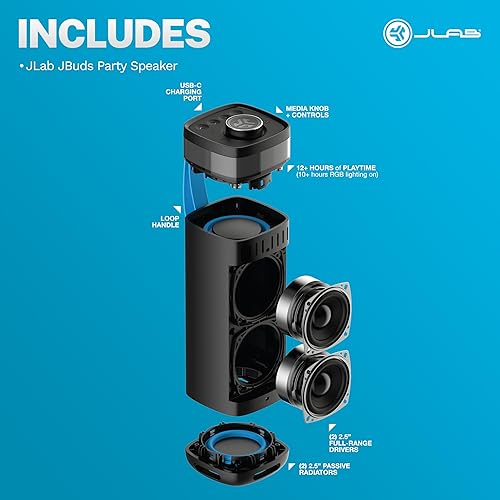 Miniatura 8 de JLab JBuds Party - Altavoz Bluetooth portátil, 2 controladores de rango completo + 2 woofers pasivos, IP56 impermeable, 12 horas de reproducción,