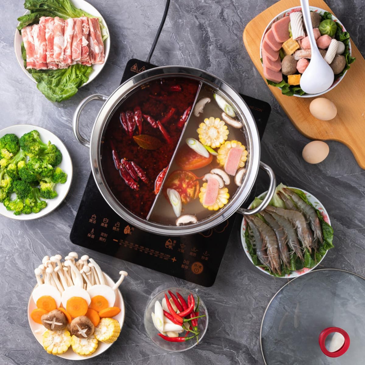 Pentola per Shabu in Acciaio Inossidabile 304 Design a Griglia e Manico Termoisolante, Adatta per Cucina Domestica e Piani Cottura a Induzione
