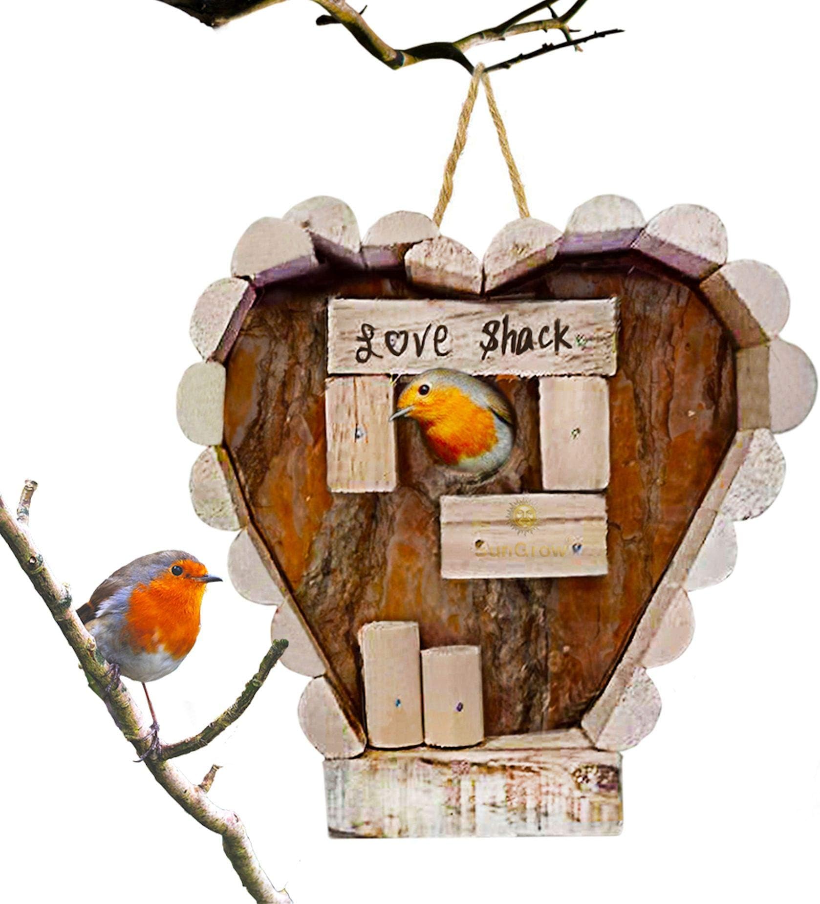 SunGrow Birdhouse, 0.5-Pound, Provides Bird Entertainment in Your Own Backyard, Comfort Area to Rest and Nest Holes Good Ventilation, Heart-Shaped Wood Hut