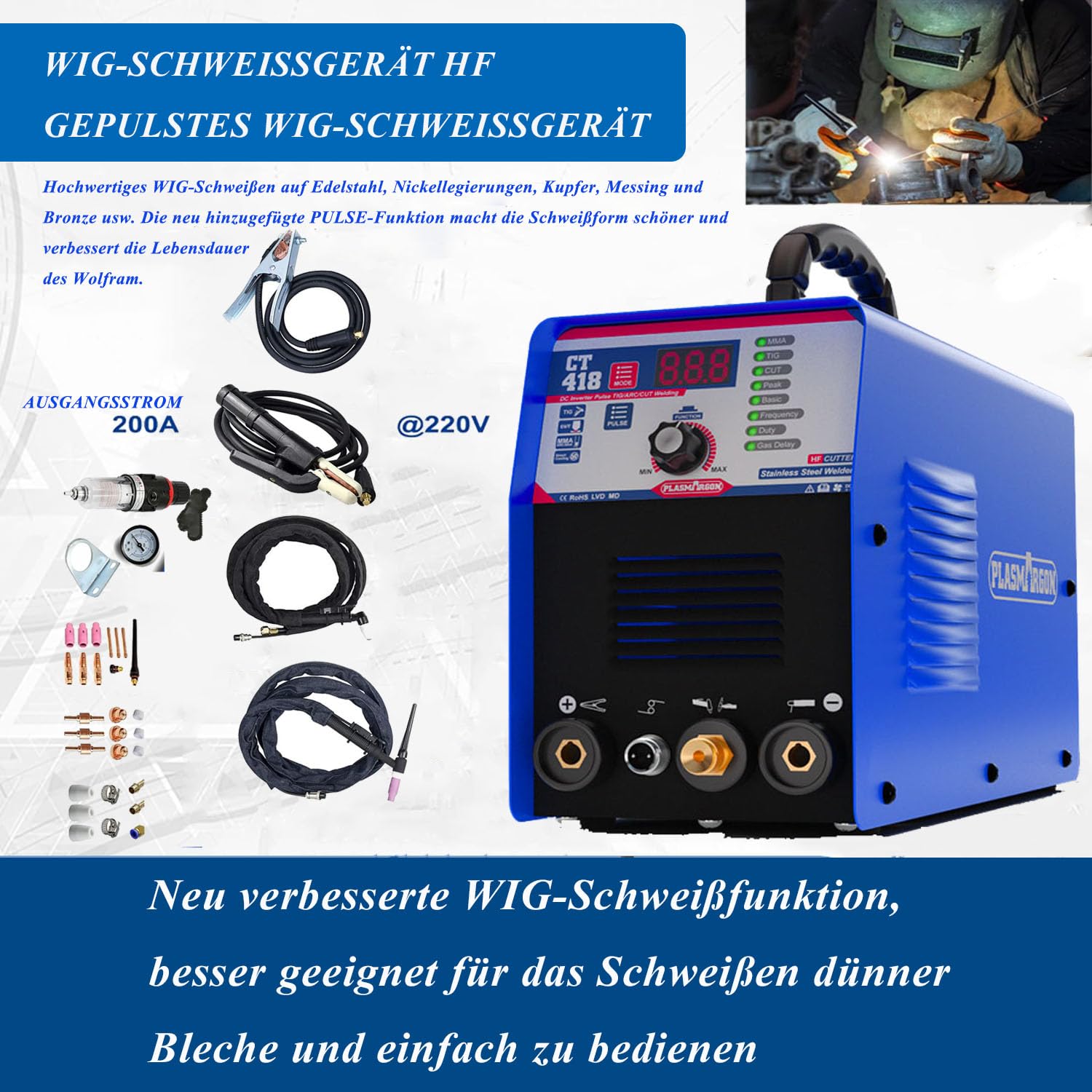 3 in 1 Combo Pilot Arc Plasmaschneider WIG Schweißgerät MMA Wechselrichter Kombischweißgerät Plasmaschneider TIG MMA | IGBT | Digitale LCD Anzeige | HF-Zündung CT418P