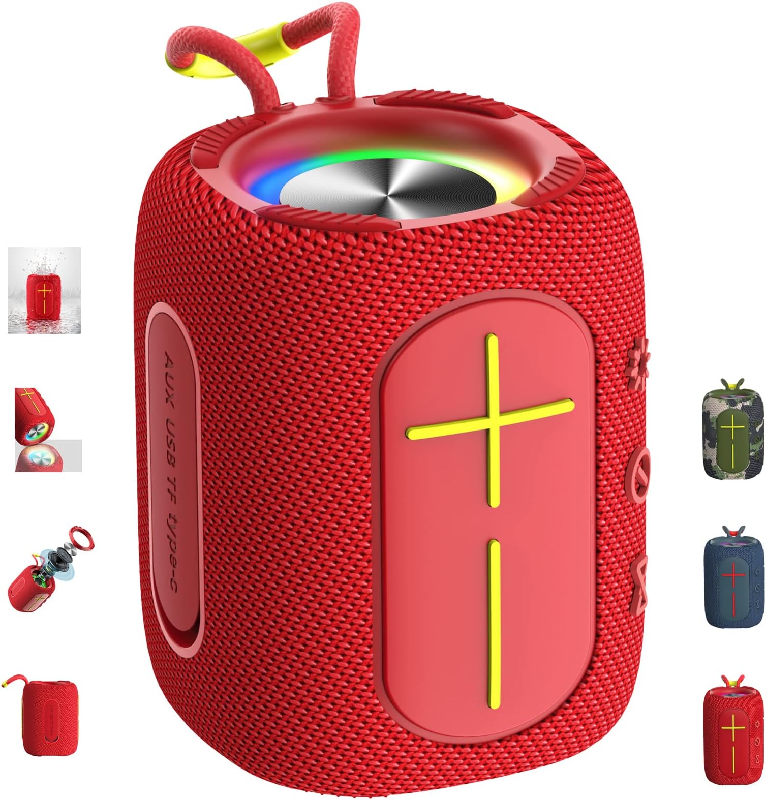 Ultra lightweight Portable Bluetooth Speaker,Durable wireless waterproof speaker with FM radio and RGB light,UP to 20Hs PlayBack time,Gift for friends,Horizontal or vertical-Red