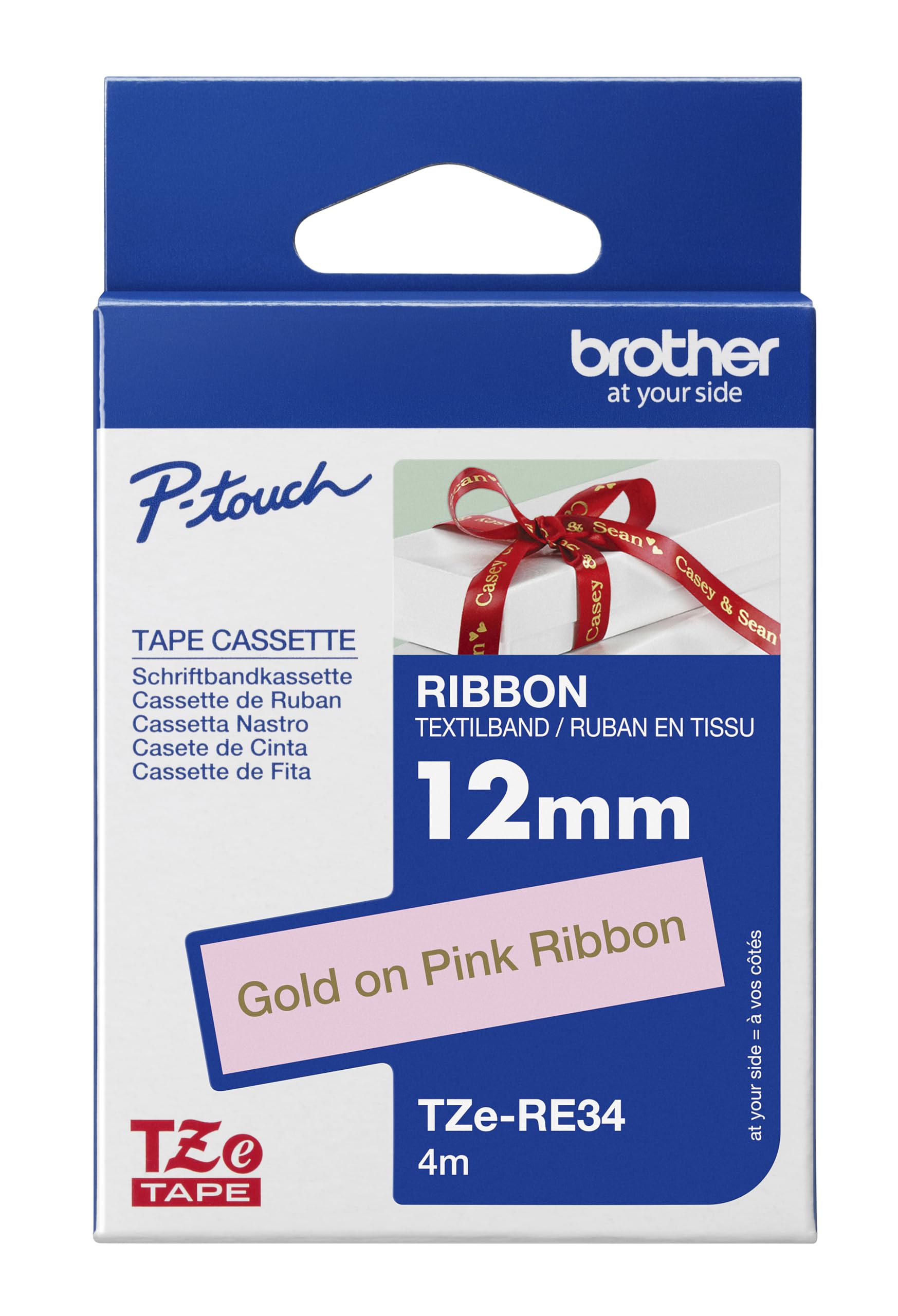 Brother TZERE34 Nastro In Tessuto Da 12 Mm Oro Su Rosa (4M)-image