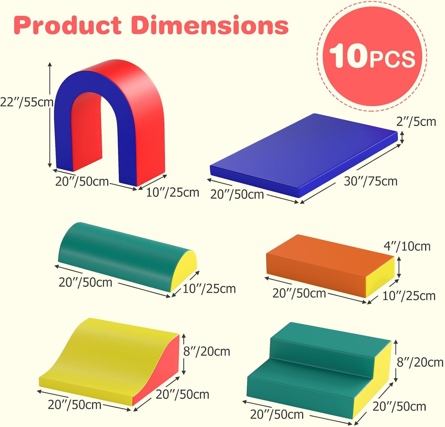 Olakids Toddler Climbing Toys Indoor, 10 Pieces Baby Foam Blocks Soft Play Set with PU Leather, Kids Climb Crawling Activity Gym Playground for 1+ Years (Red)