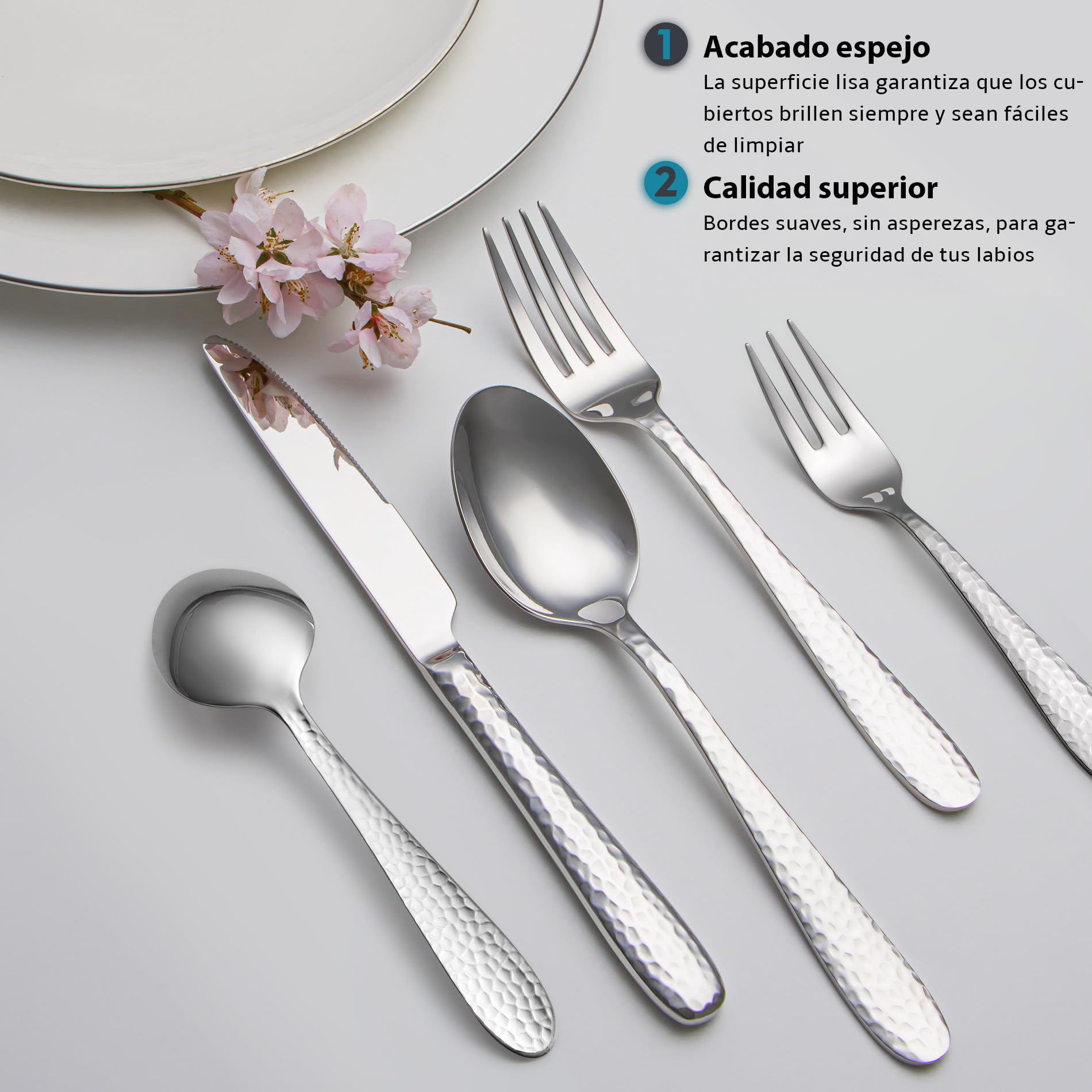 Juego de cubiertos martillados, EIUBUIE cuberterias completas 6 personas | 30 piezas, martillado doble cara, cubiertos acero inoxidable, pulido espejo, apto para lavavajillas, cuchillo cuchara tenedor