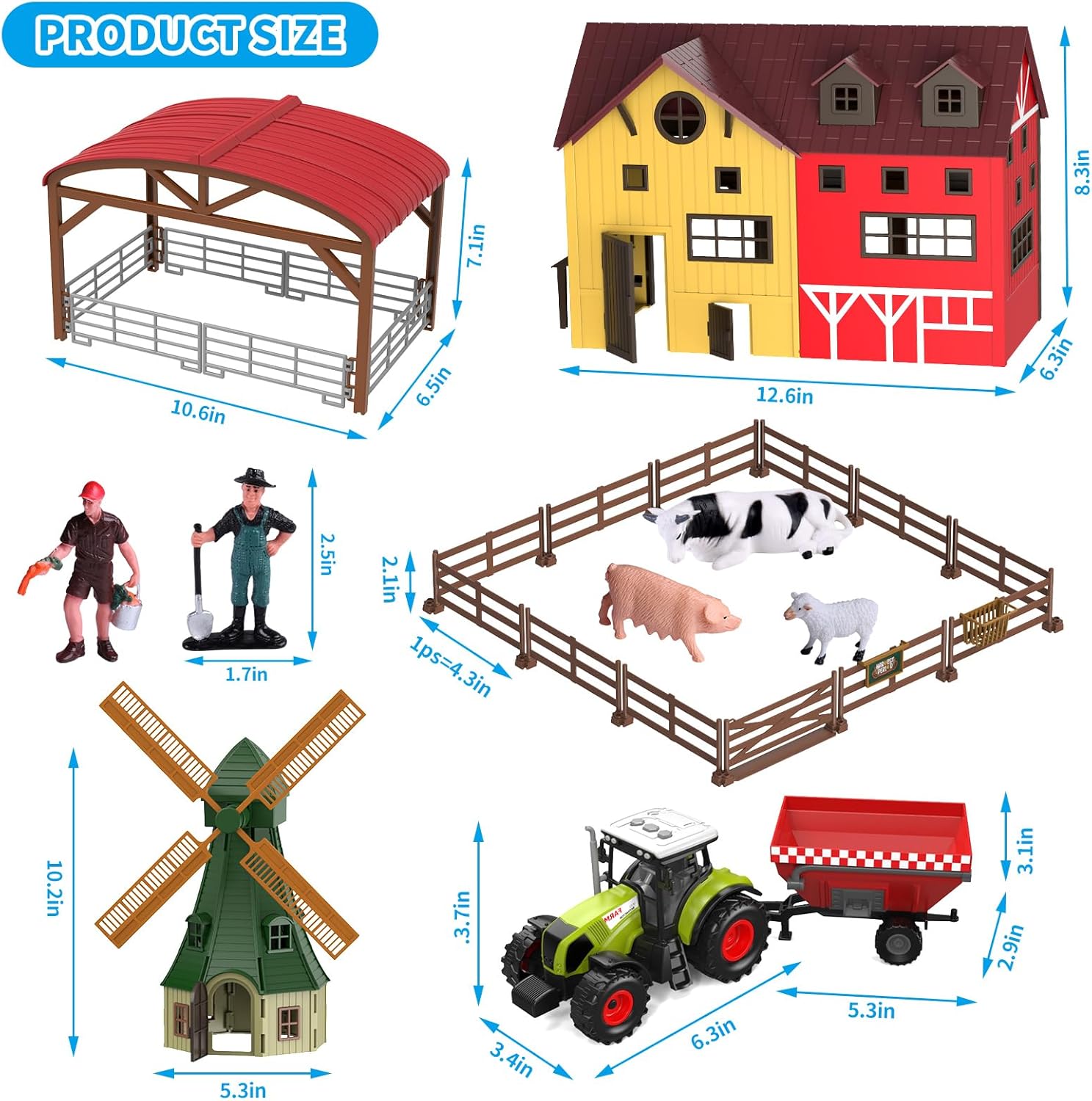 Dwi Dowellin Farm Animals Figurines Toy Set, 140 Pieces with Barn, Horse Stable, Tractor Trailer, Windmill, Farmer, Fence, Plastic, for Kids Ages 3-12