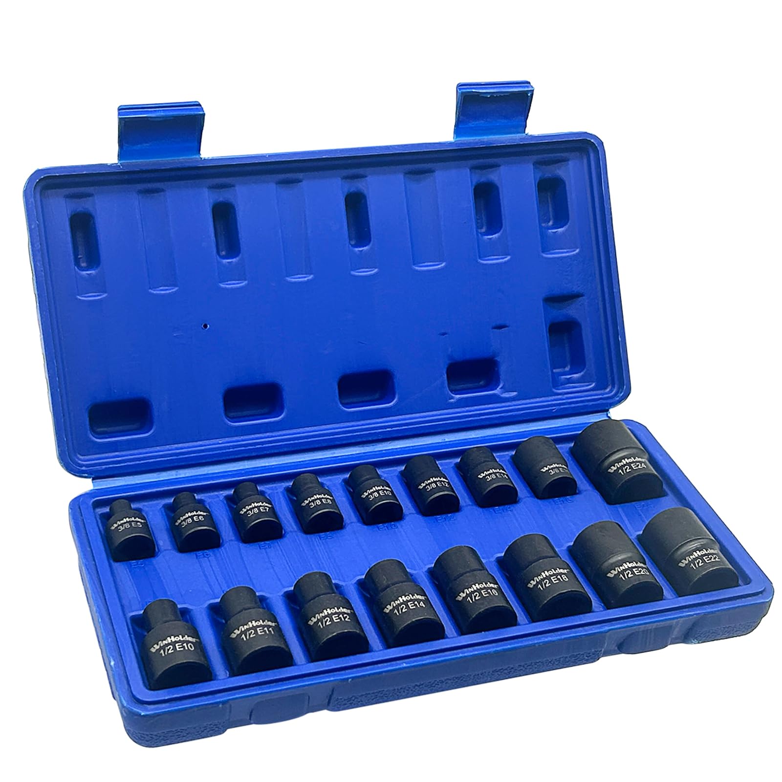 WinHolder 35Peices 6 Point Deep Impact Sockets Set 1/2 Inch Metric 8mm-32mm/8PCS Impact Socket Adaptor 1/4" 3/8" 1/2" 3/4" Step Up/Down Reducer (17pcs E Torx Star Socket Set Blue Case) - Image 3