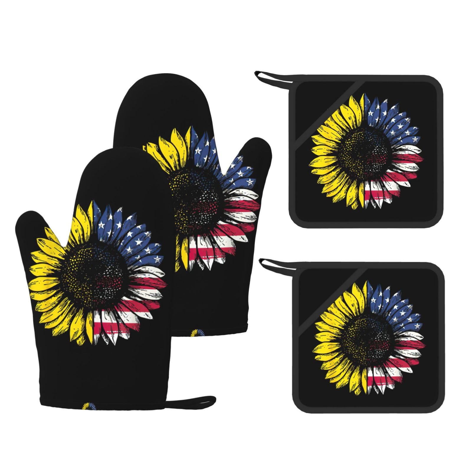 Sunflower American Flag Print Oven Mitts And Pot Holders Pads Set, Oven Glove High Heat Resistant 500 Degree For Kitchen