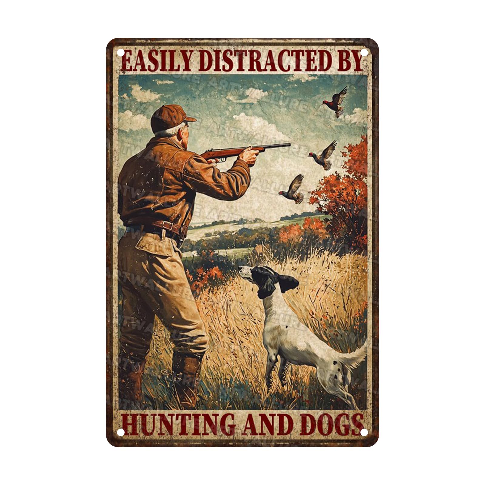 Hunting Theme Metal Tin Sign Rustic Wall Decor Vintage Cabin Lodge Art Man Cave Decor Easily Distracted By Hunting And Dogs Quote 8x12inch