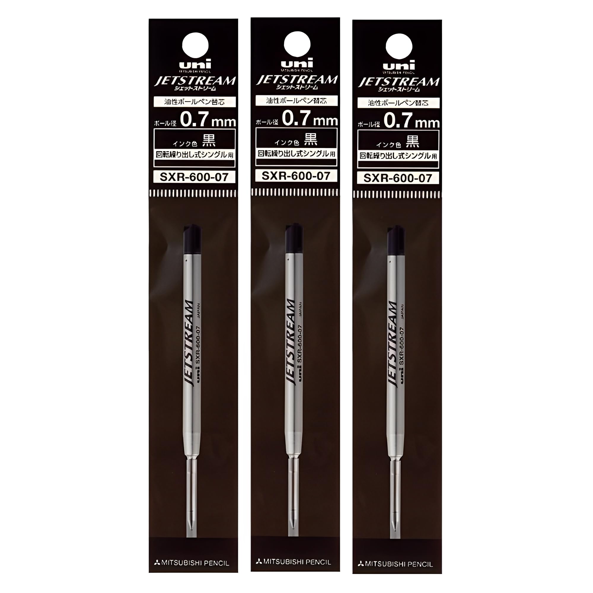 Uni Jetstream Prime Lot de 3 recharges d'encre SXR-600-07, pointe moyenne de 0,7 mm, encre noire à base d'huile, corps en métal, lot de 3