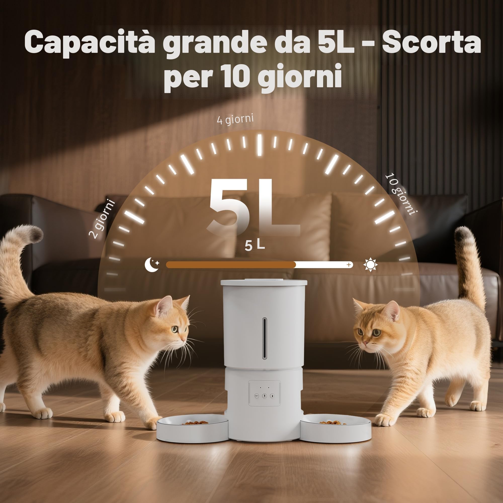 Distributore Automatico Cibo Gatti 2 Ciotole: 5L Distributore Automatico Cibo Cane con Timer WiFi 2.4G per Crocchette - Design Doppia Ciotola per Famiglie con Più Gatti & Cani - Bianco