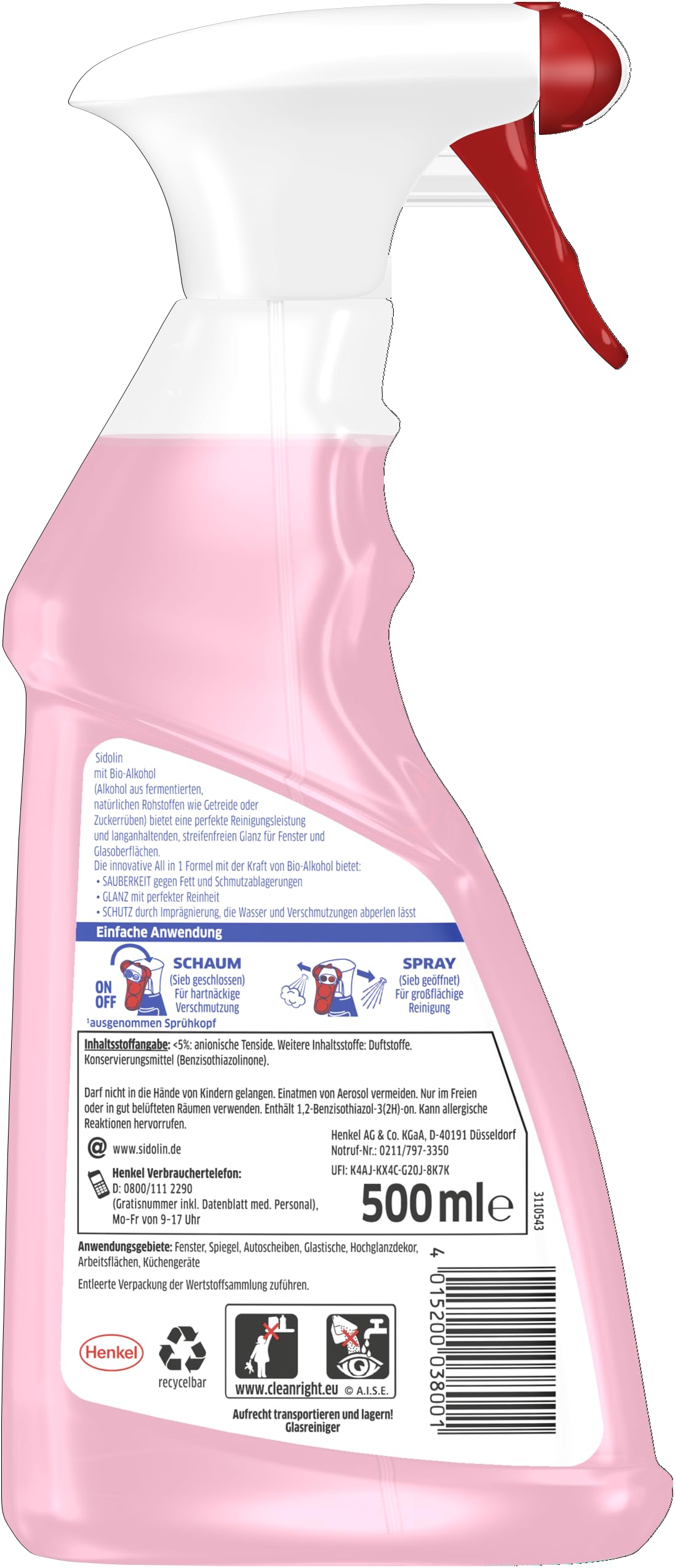 Sidolin Streifenfrei All in 1 Kirschblüte Glasreiniger (500ml), Blumenduft – Ansicht 2