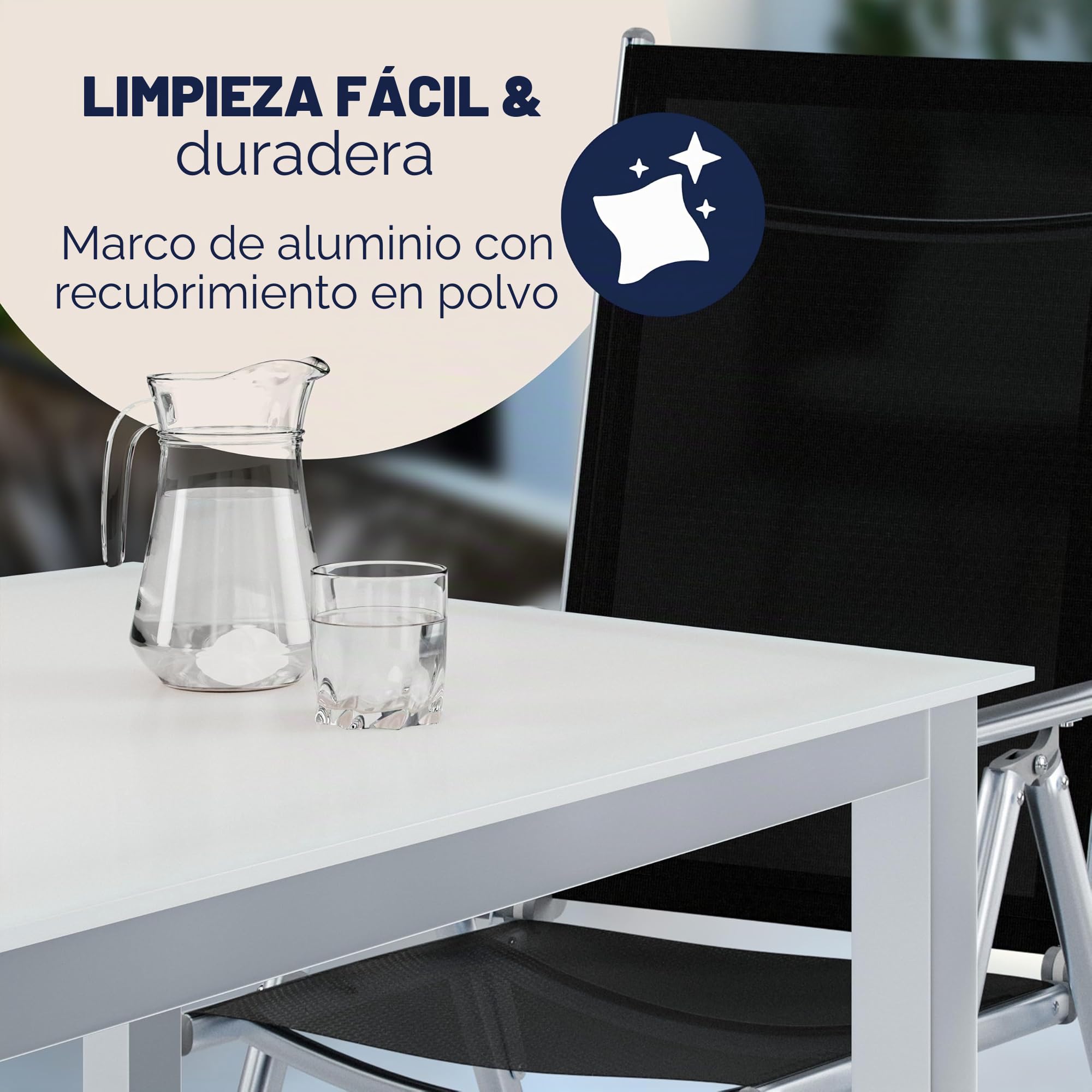 CASARIA Comedor de Jardín Bern 6+1 Aluminio 1 Mesa 150x90 y 6 Sillas Plegables 8 Posiciones Plata 7Pzs