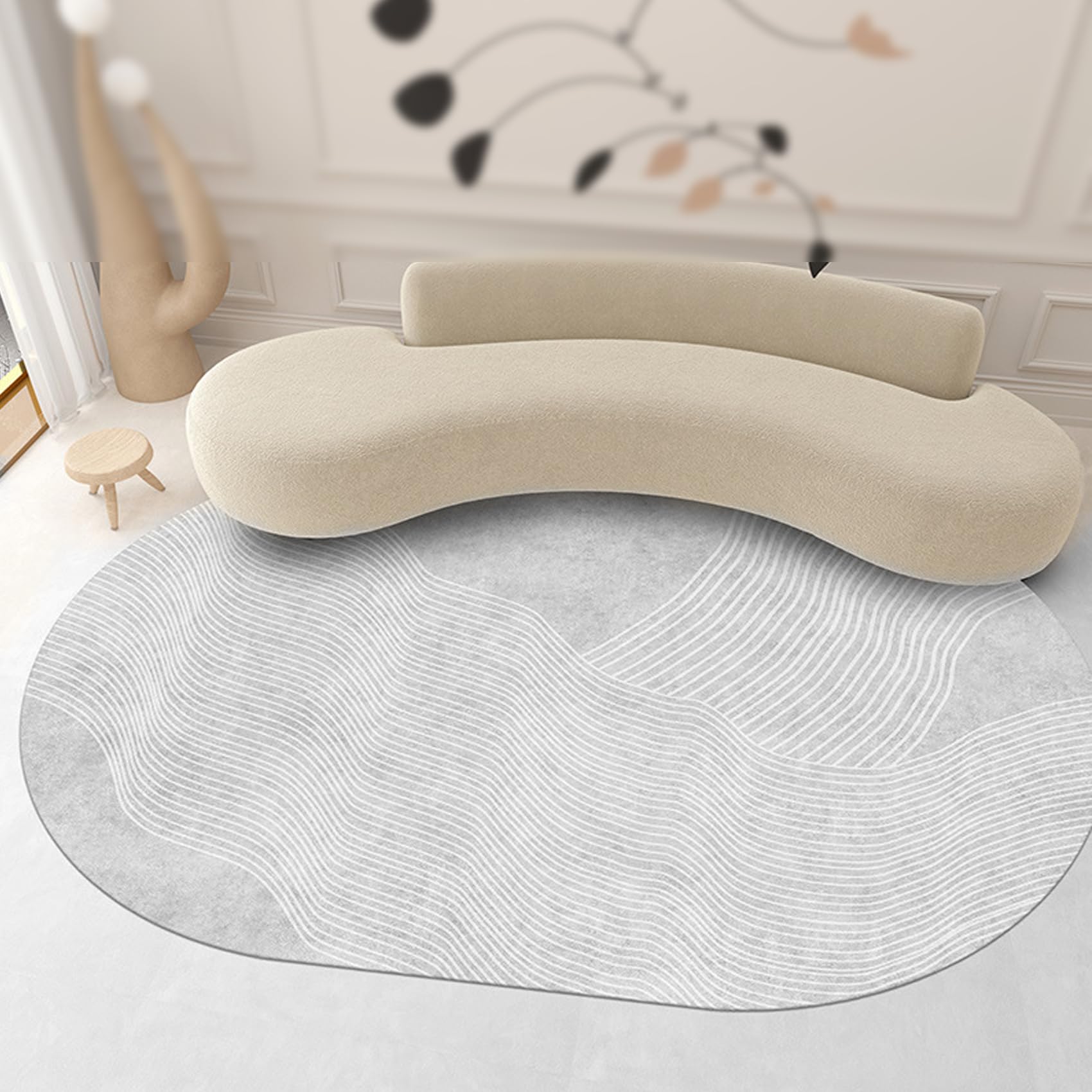 Tapis geometrique moderne gris ovale anti poussiere salon