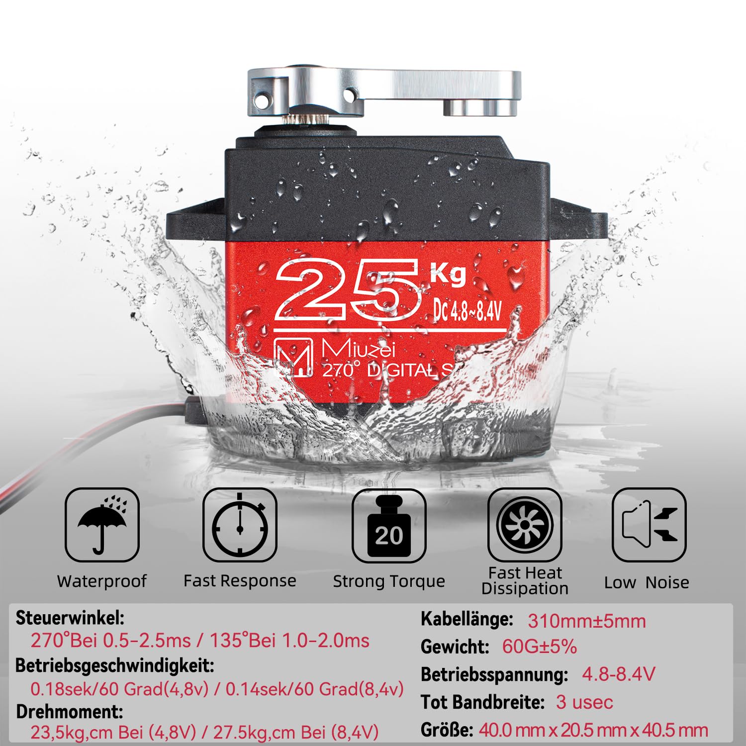 Miuzei serwo cyfrowe 25 kg, wodoodporne, wysoki moment obrotowy, metalowa przekładnia 270 stopni, serwo+silnik dla mini RC samochodów 1/8 1/10 1/12, robota, samolotu, łodzi z 25T róg serwo, kabel