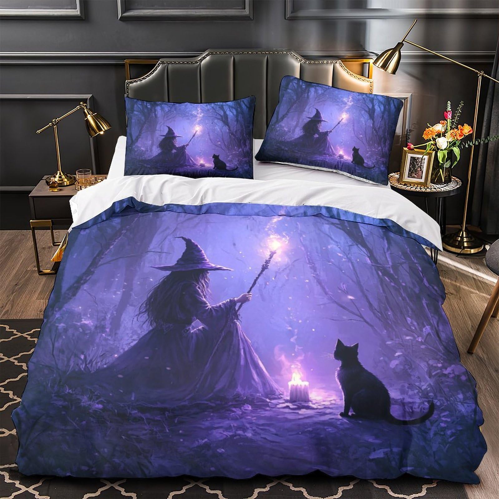 Housse de couette sorcière forêt lit simple 135x200cm microfibre 3D