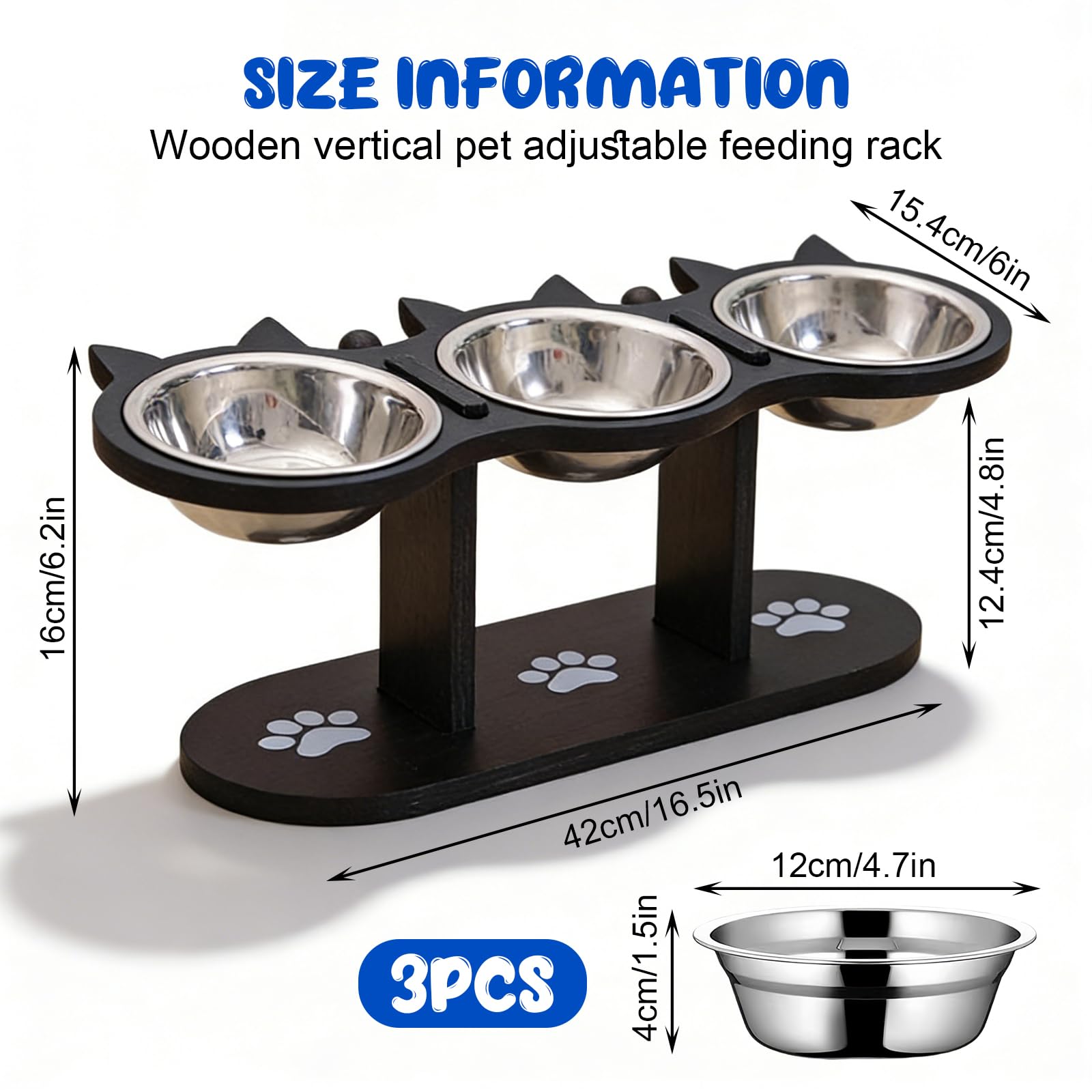 GOMETY Comedero para gatos 3 en 1 elevado, juego de 3 comederos para gatos con 3 cuencos de acero inoxidable, altura ajustable, comedero para gatos elevado, con soporte de madera, comedero ergonómico