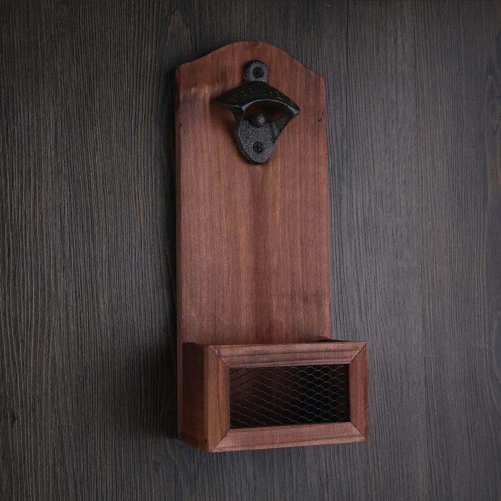 Yagote Bottle Opener with Cap Collector, Vintage Wooden Wall Mounted Beer Opener with Cap Catcher for Father, Friends, or Beer Lovers