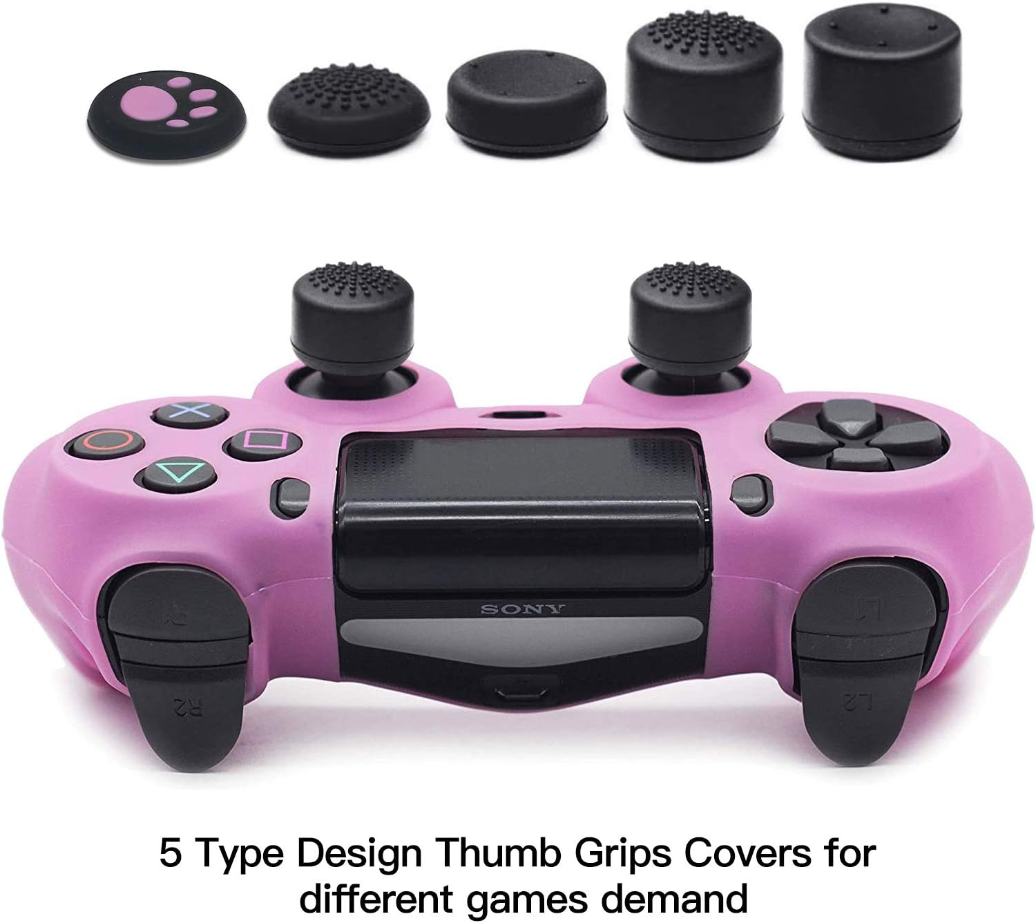 HLRAO Pink PS4 Controller Skin Silicone Grip Protective Case for PS4/Slim/Pro 4 Controller + 8 FPS PRO Thumb Grips+2 Cute Pink Cat Paw Grips Caps.
