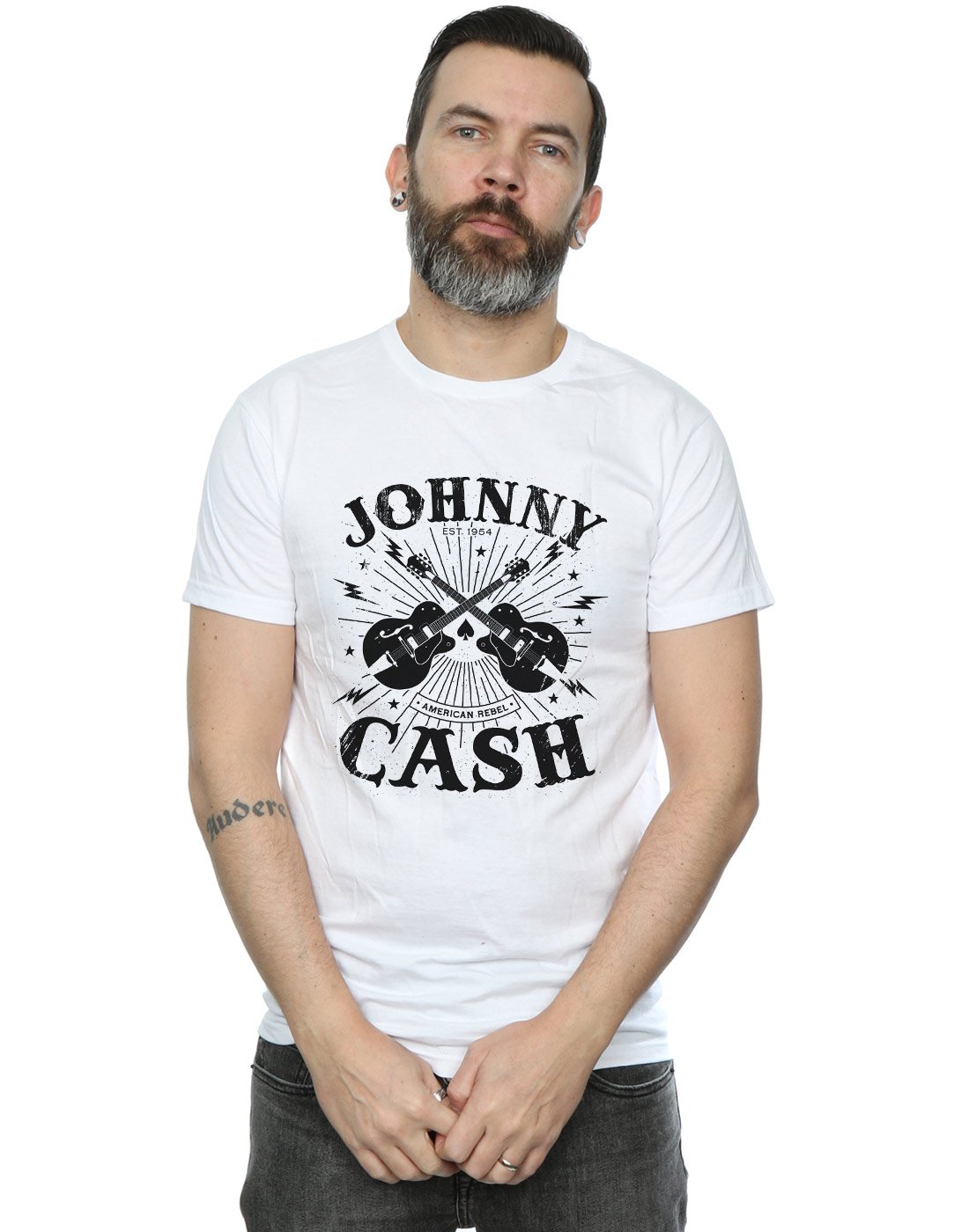 Absolute Cult Johnny Cash Men's Rockabilly Guitars T-Shirt White Small