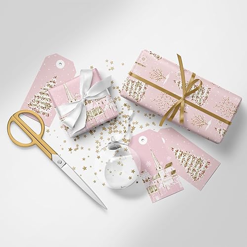 Vista 92 de LeZakaa Mini rollo de papel de regalo de Navidad azul, muñeco de nieve, reno, bola de cristal, árbol de copo de nieve, papel de regalo metálico