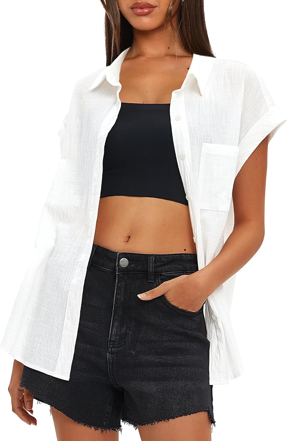 Darong Women's Button Down Cuffed Short Sleeve Shirts Cotton Casual 2025 Summer Loose Fit Blouse Top - Image 3