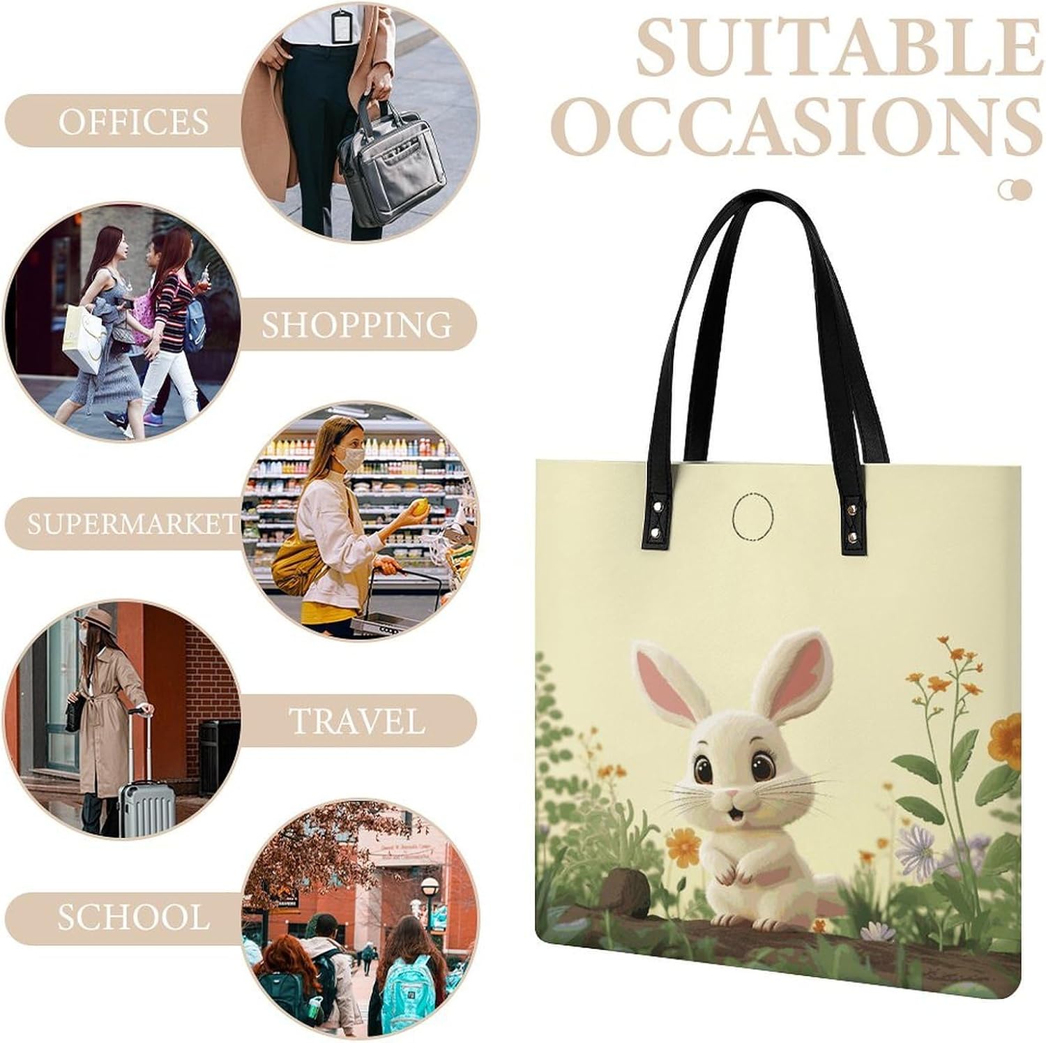 Cute Bunny Handbags Large Capacity, Tote Bag Stylish Slouchy, Shoulder Bags for Work Beach Travel And Shopping Grocery.