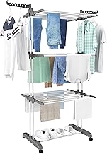 POGALA Varal de Chão Dobrável 3 Andares em Aço Inox - Design 2024, Reforçado e Mais Resistente - Varal de Roupas Vertical Grande com Varetas e Abas Retrátil