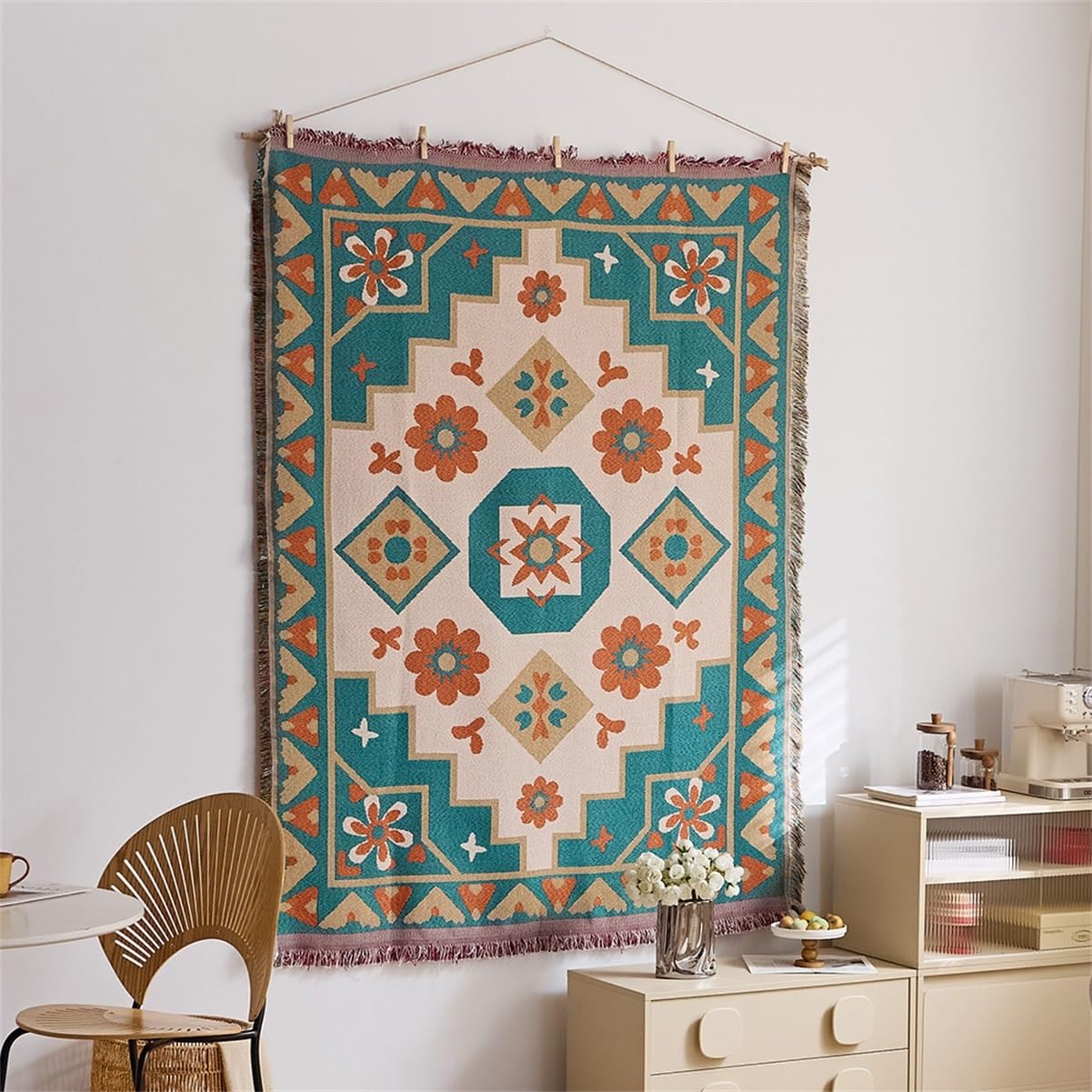 Artystyczny gobelin wiszący na ścianie, kwiatowy geometryczny tkany frędzle wystrój, koc z tkaniny vintage do sypialni salonu tło świąteczne, 130 x 180 cm