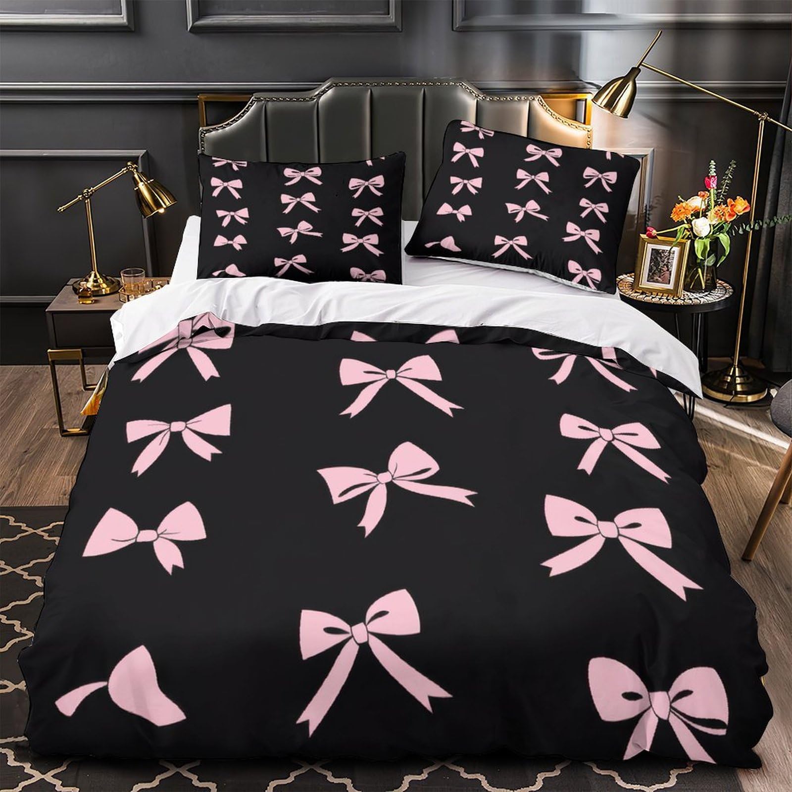 Parure de lit nœuds roses en microfibre pour une chambre cosy et vintage