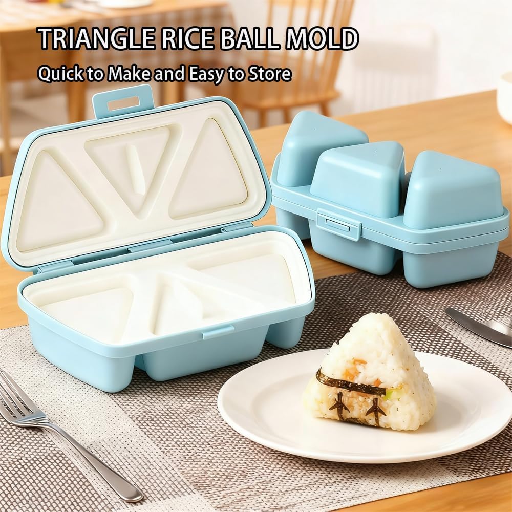 6 in 1 Onigiri Mold, Triangular Sushi Mold, Quick to Make & Easy to Use, Store, Carry and Clean, Perfect for Making Sushi and Rice Balls (Beige+Blue)