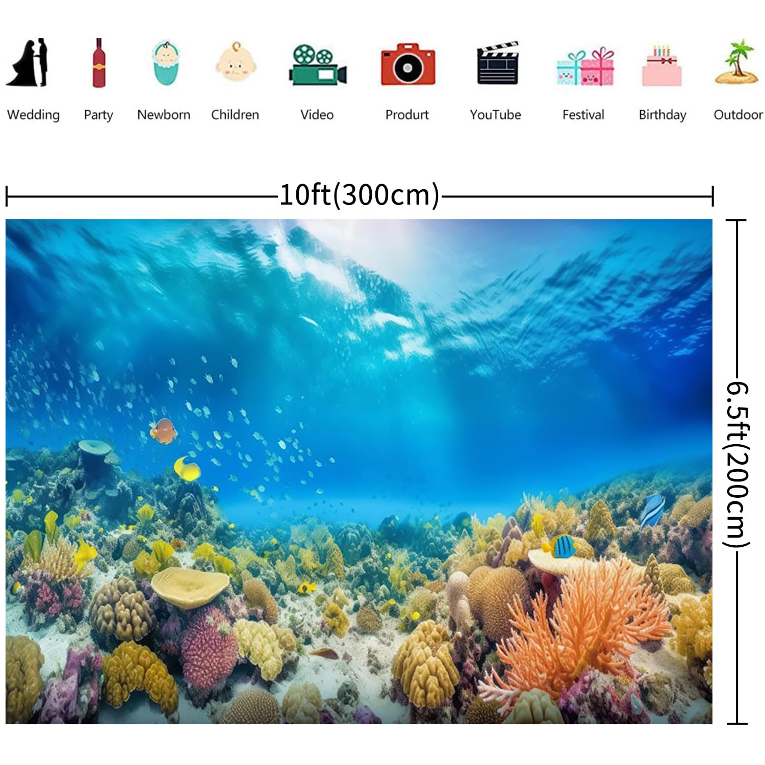 3x2m Sfondo sotto il mare mondo subacqueo pesci tropicali corallo luce del sole fondale fotografico Baby Shower bambini compleanno decorazioni festa Banner Photo Booth Props
