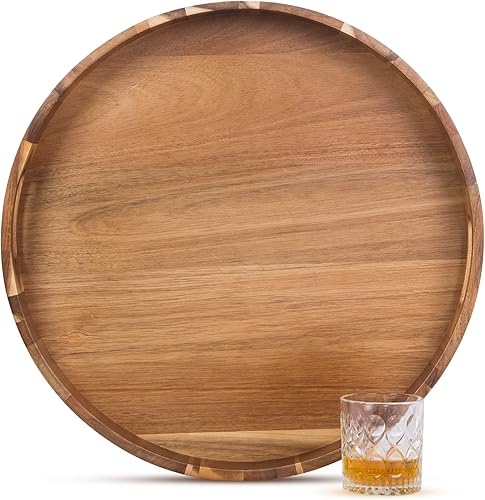 Miniatura 10 de Bandeja redonda de madera con asas, bandejas de madera de gran diámetro de 20 pulgadas para otomana, bandeja circular de madera de acacia rústica