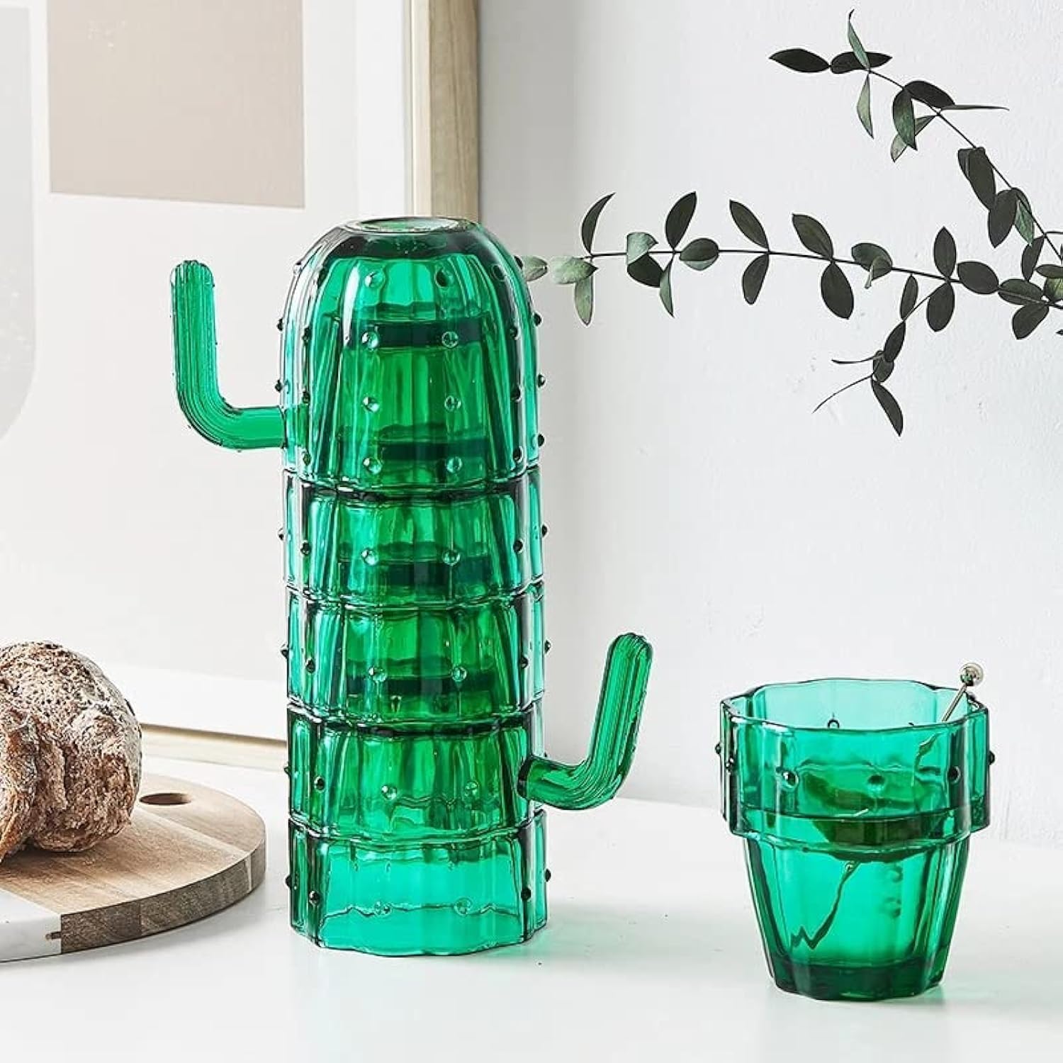 (Set of 6) Green Glass Cups, Stackable Cactus Shape Glasses, Cactus Shaped Drinking Water Glasses