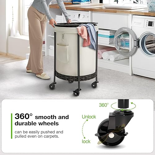 Miniatura 3 de Greenstell Cesta de lavandería con tapa, cesta grande de 33.5 galones con ruedas, carrito de lavandería redondo con marco de acero y bolsa