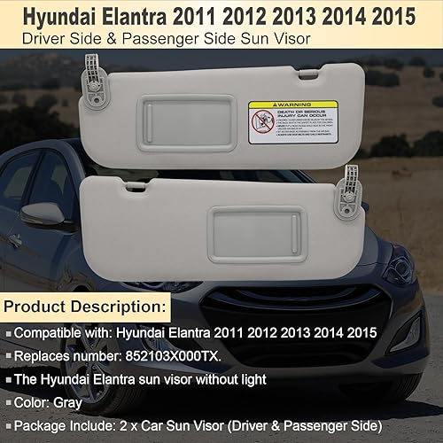 Miniatura 2 de Reemplazo del parasol del lado izquierdo del conductor y del pasajero derecho compatible con Hyundai Elantra 2011 2012 2013 2014 2015 Reemplazo #