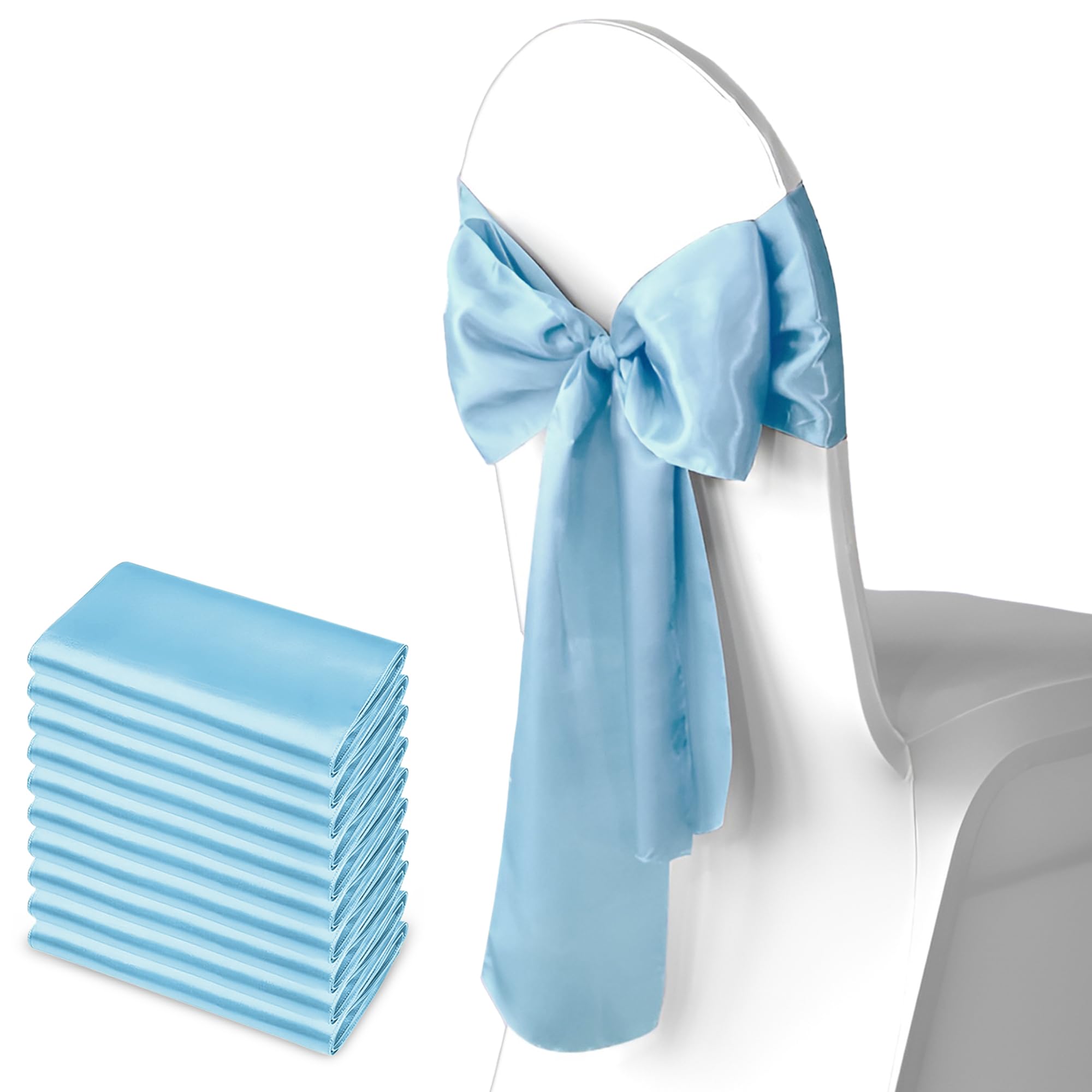 Trimming Shop Baby Blue Satin Chair Sash Wider Fuller Bows Chair Sashes Hammed Edges Bow Back Tie for Wedding Birthday Party Banquet Event Decoration, 10pcs