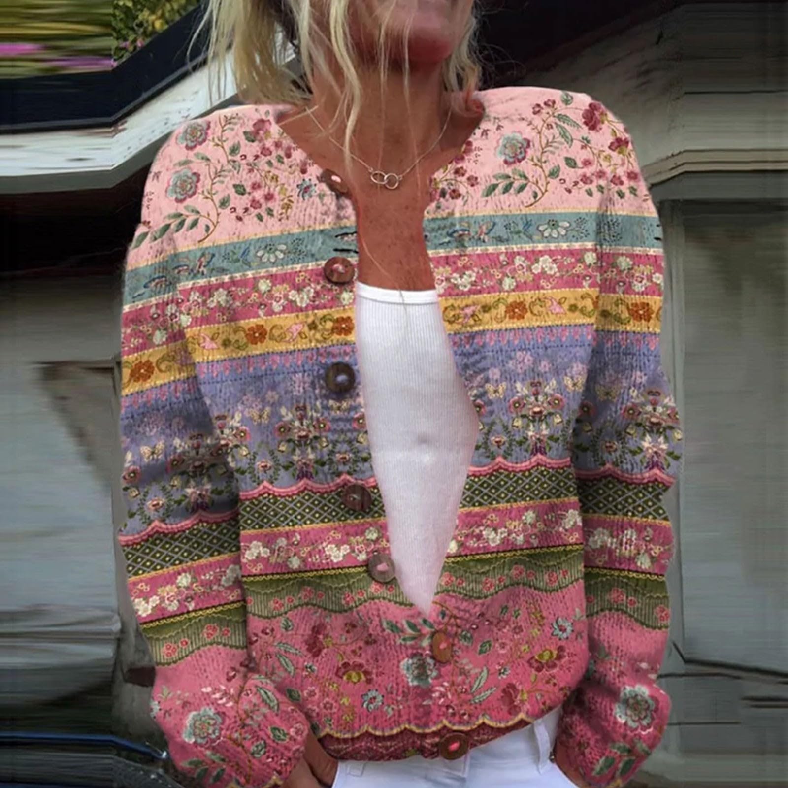 Generisch Cardigan en tricot pour femme avec imprimé - Col rond, Rose, L