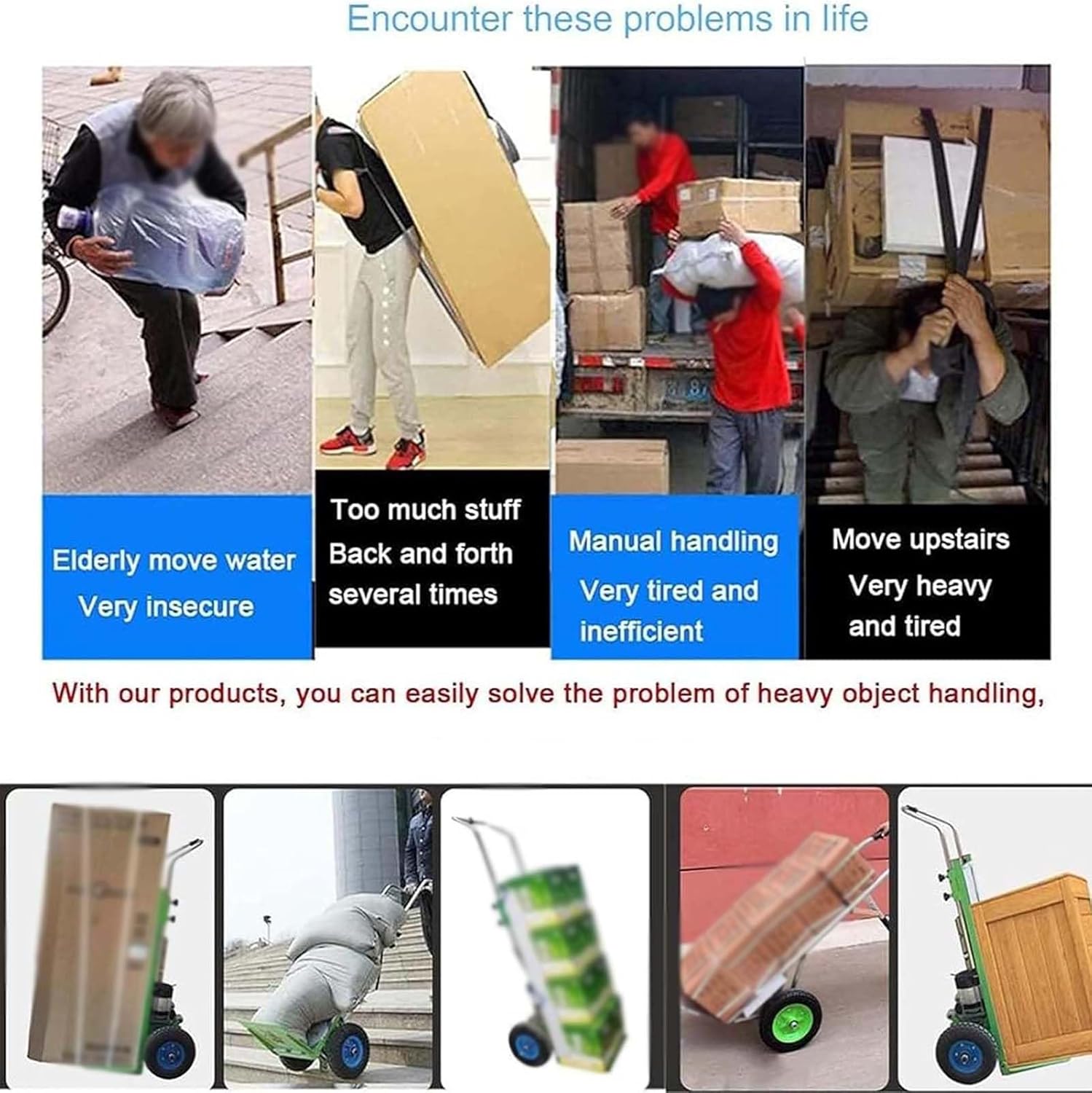 Illustrations of various scenarios where the electric stair climber solves problems like moving heavy items, manual handling, and climbing stairs.