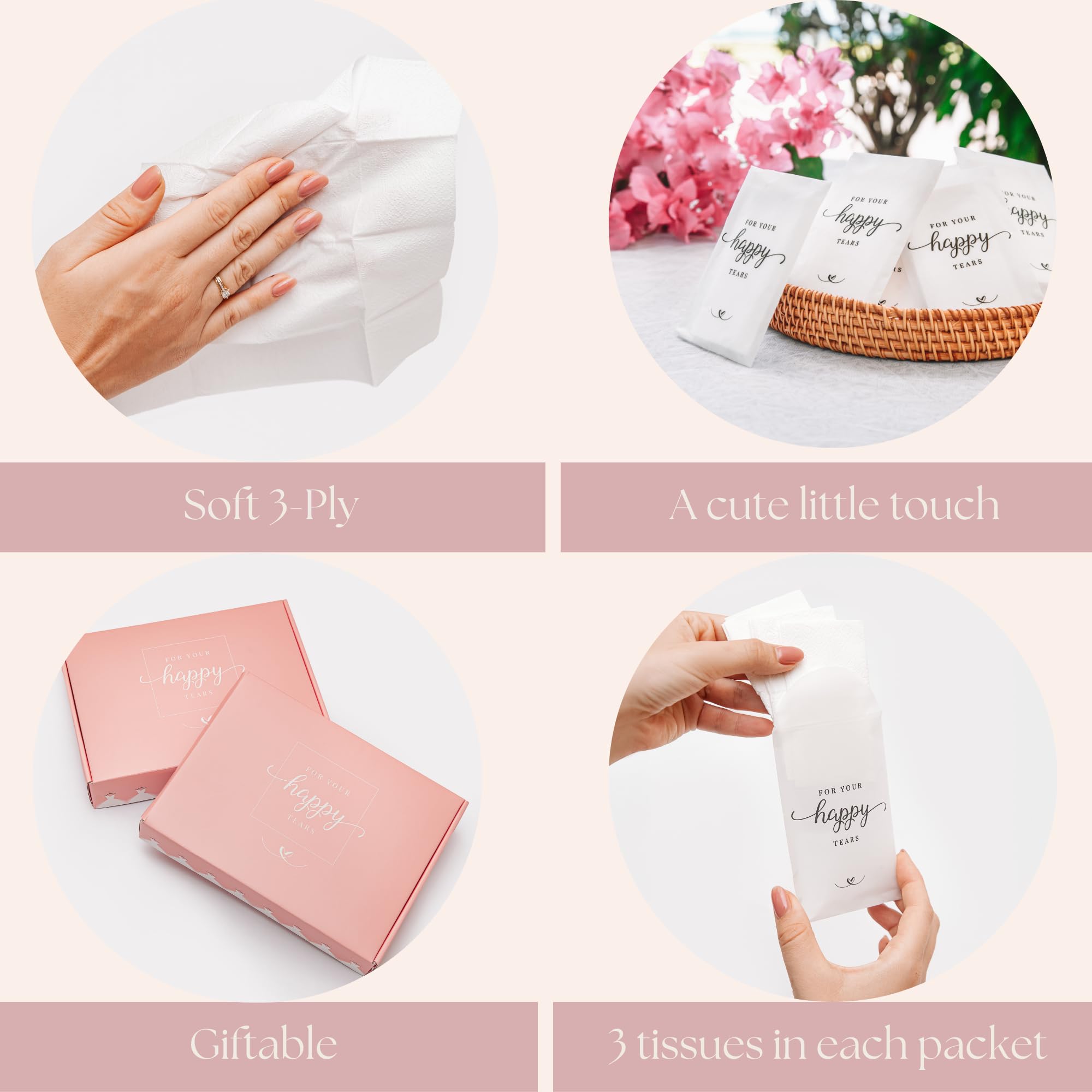 Paquetes de pañuelos de boda para invitados (40 unidades), paquetes de pañuelos de Happy Tears para bodas, boutique de novia, baby shower, graduación, artículos perfectos para bodas